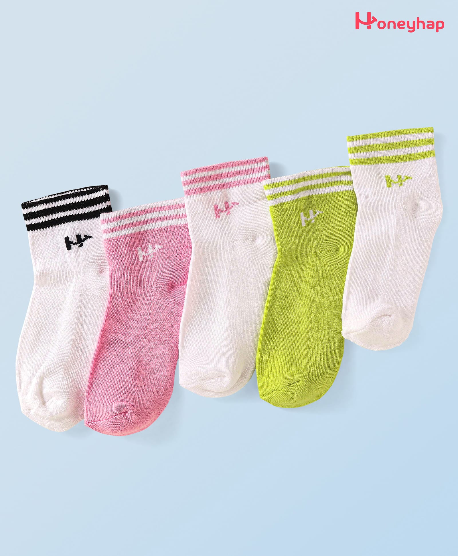 Honeyhap Premium Cotton Knit Bamboo Spandex Ankle Length Bio Finish Solid Socks Pack of 5 - Pink WhiteLime Punch White & Black Stripe-picture-26