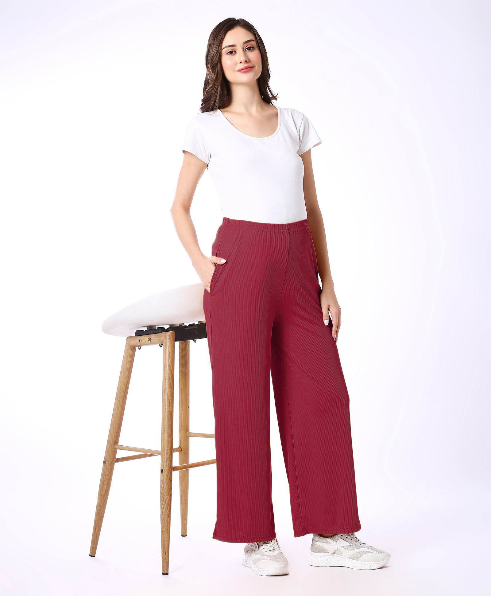 Bella Mama Full Length High Coverage Rib Solid Knit Pant With Side Pockets - Maroon-image-30