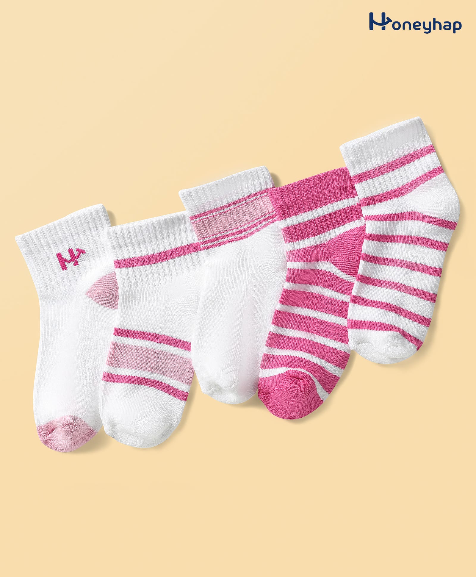 Honeyhap Premium Cotton Bamboo Spandex Elastane Knit Ankle Length Striped Socks with Bio Finish Pack of 5 - White Dark Pink Light Pink White & Baby Pink-image-13