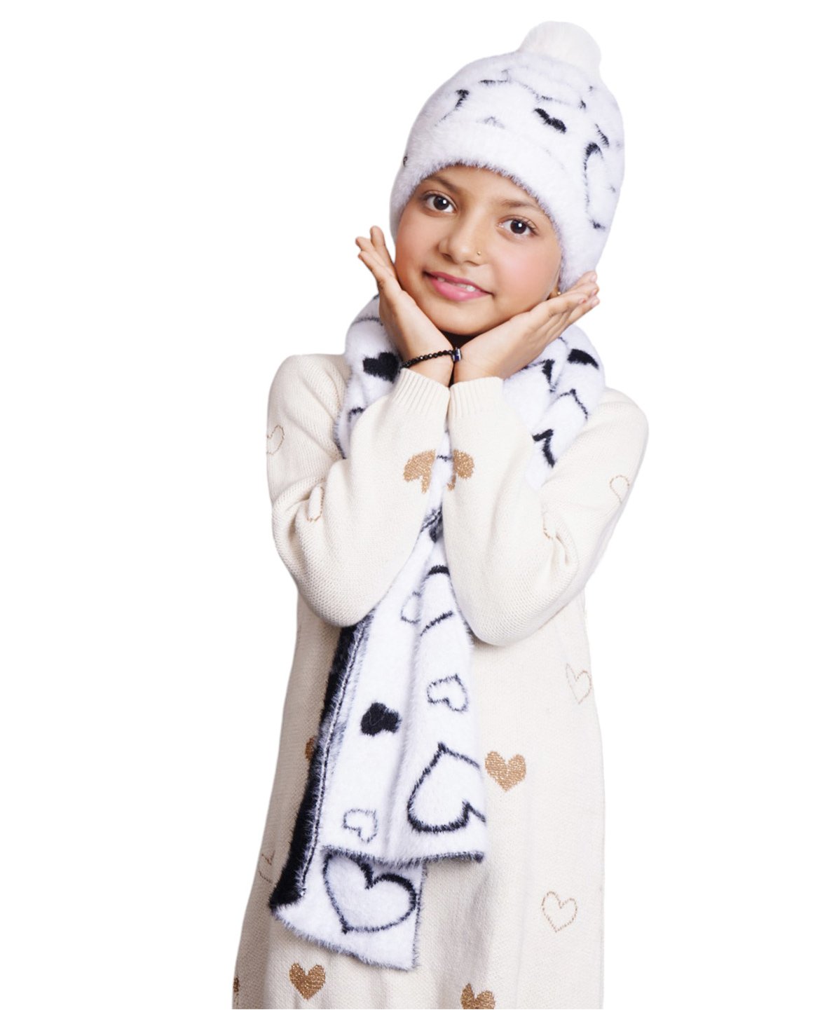 BHARATASYA Heart Knitted Faux Fur Pom Pom Detailed Cap & Muffler Set - Off White-picture-33