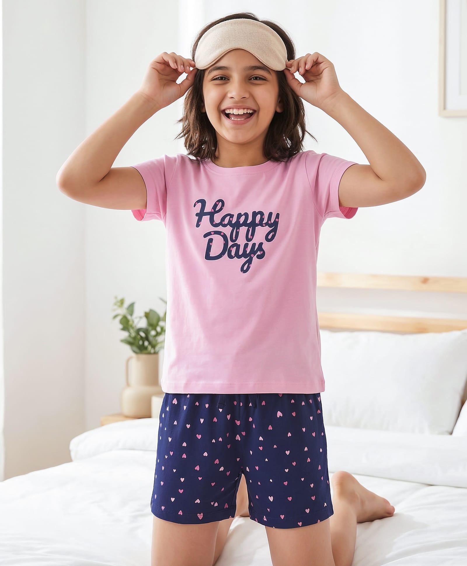 Pine Kids Single Jersey Knit Half Sleeves Shorts Nightsuit With Happy Days Text Print - Pink & Navy Blue-image-26