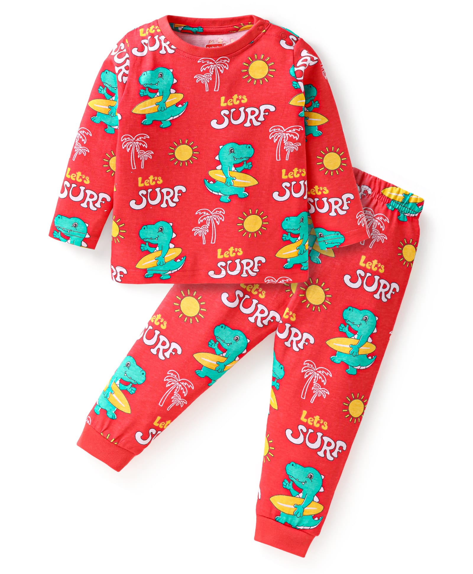 Babyhug Cotton Knit Full Sleeves Night Suit with Dino Print - Red-image-22