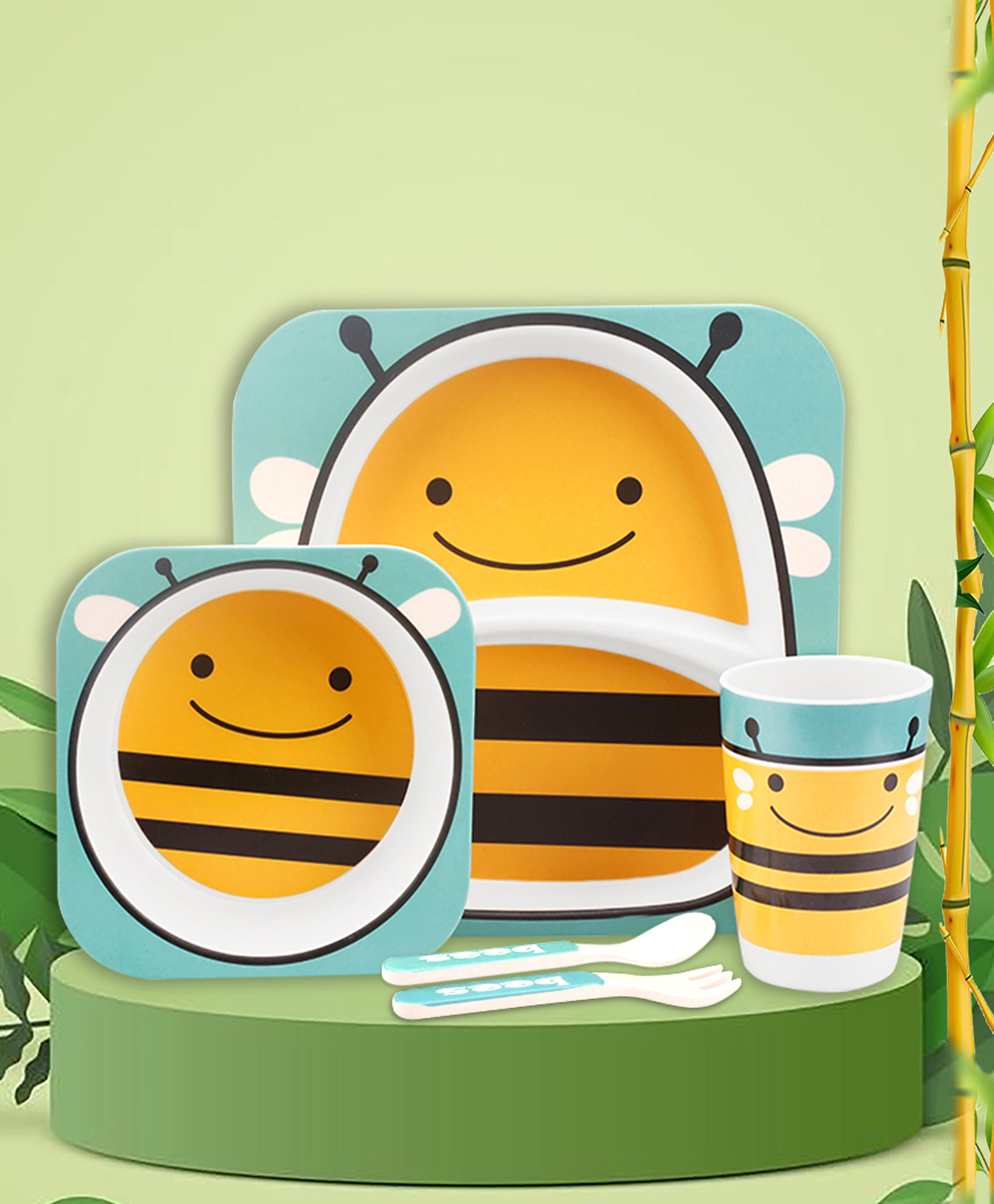 Tony Stark Bamboo Baby Feeding Set - 5-Piece Tableware for Toddlers, Kids & Babies Includes Plate, Bowl, Cup, Spoon, Fork - BPA-Free, Eco-Friendly |Organic & Natural (Honey Bee)-picture-17