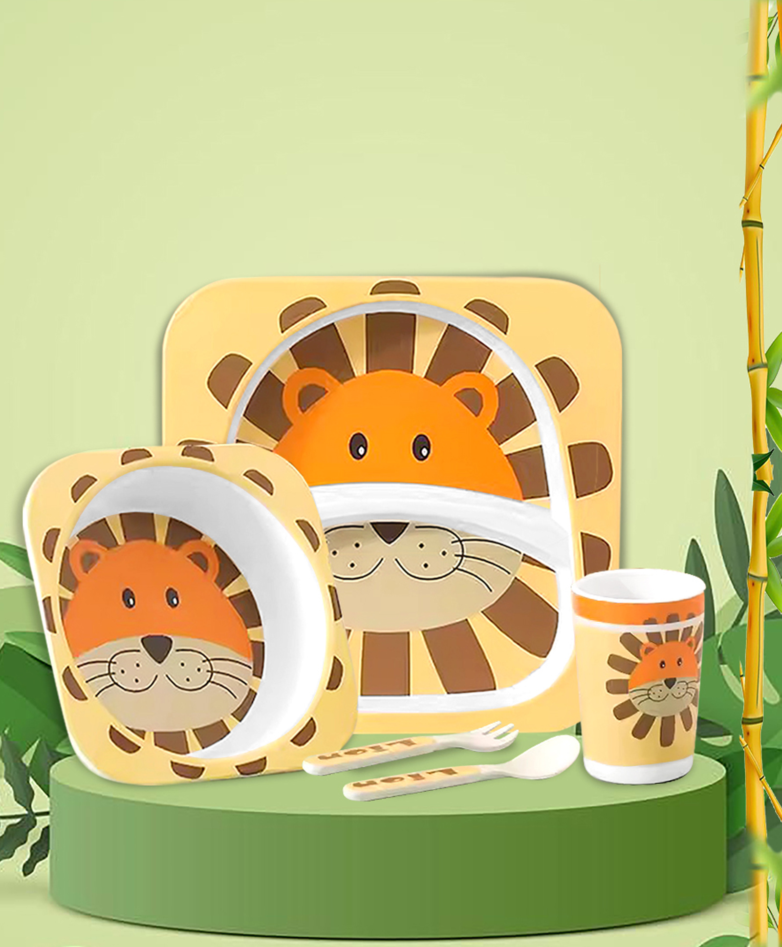 Tony Stark Bamboo Baby Feeding Set - 5-Piece Tableware for Toddlers, Kids & Babies Includes Plate, Bowl, Cup, Spoon, Fork - BPA-Free, Eco-Friendly |Organic & Natural (Round Lion)-picture-11