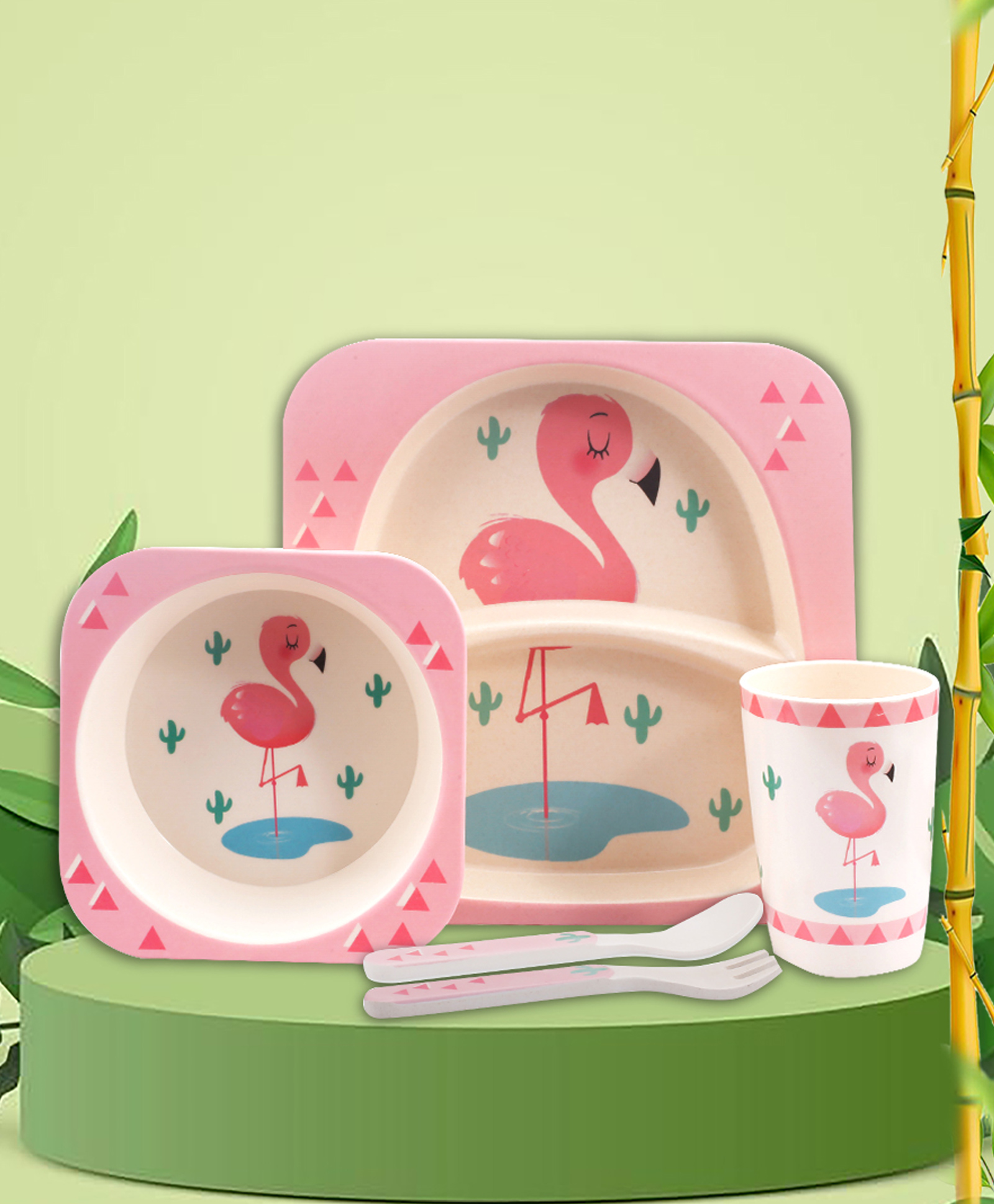 Tony Stark Bamboo Baby Feeding Set - 5-Piece Tableware for Toddlers, Kids & Babies Includes Plate, Bowl, Cup, Spoon, Fork - BPA-Free, Eco-Friendly |Organic & Natural (Flamingo)-picture-27