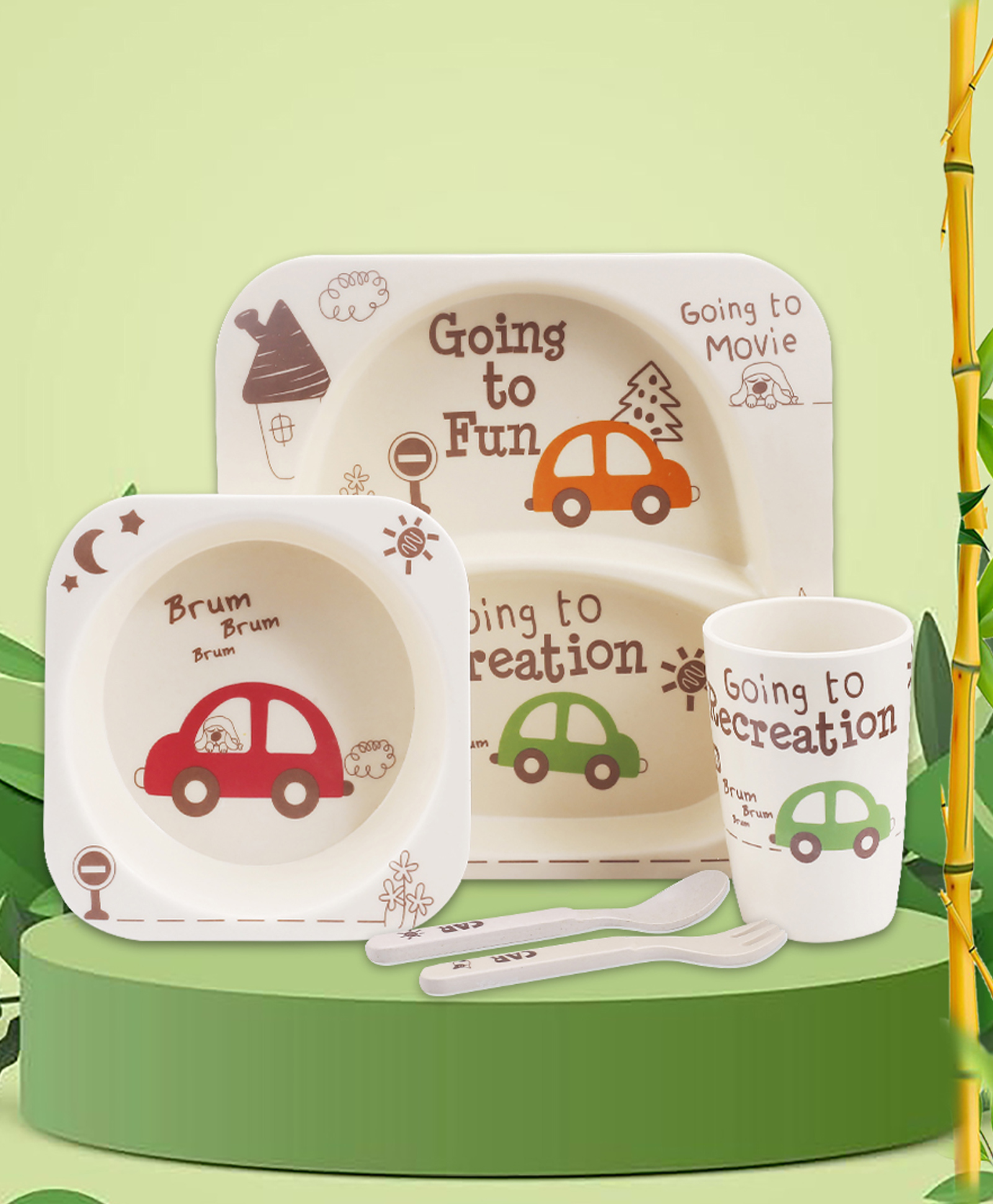 Tony Stark Bamboo Baby Feeding Set - 5-Piece Tableware for Toddlers, Kids & Babies Includes Plate, Bowl, Cup, Spoon, Fork - BPA-Free, Eco-Friendly |Organic & Natural (Car)-image-46