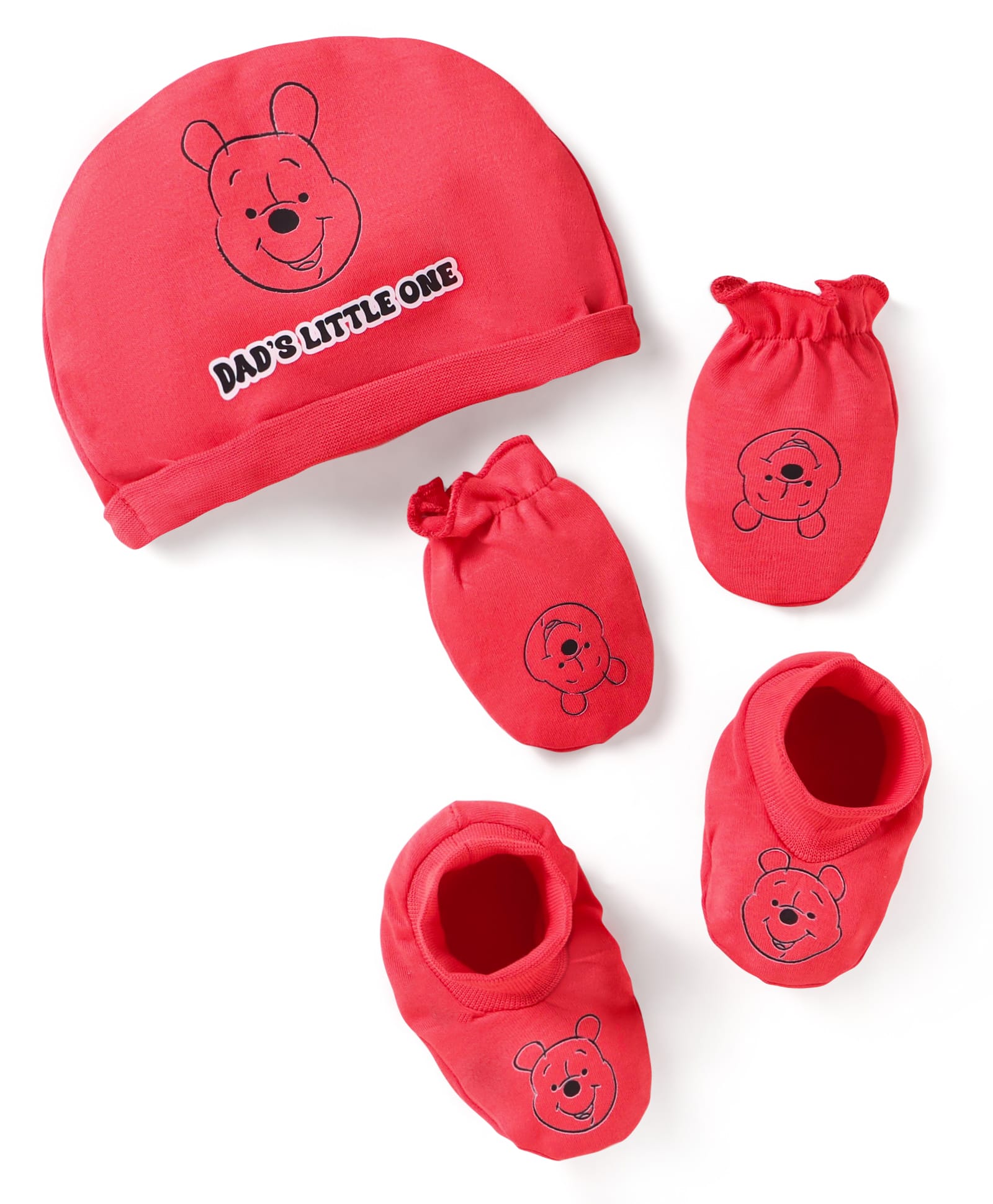 Babyhug Disney Interlock Knit Caps Mitten & Booties Set with Winnie the Pooh Graphics Red - Diameter 12 cm-image-49