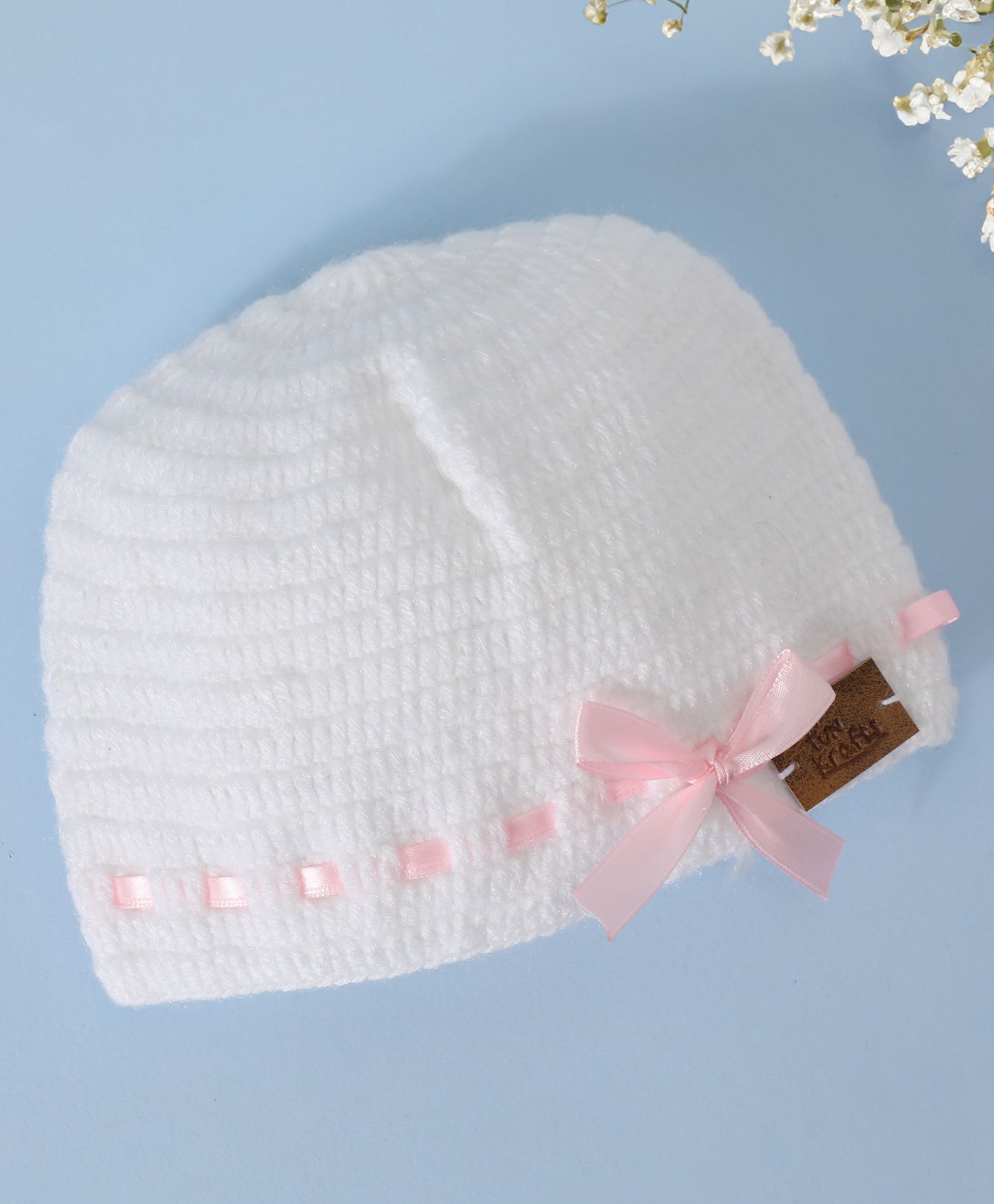 Funkrafts Handmade Woollen Solid Bow Designed Beanie Cap - White & Pink-picture-33