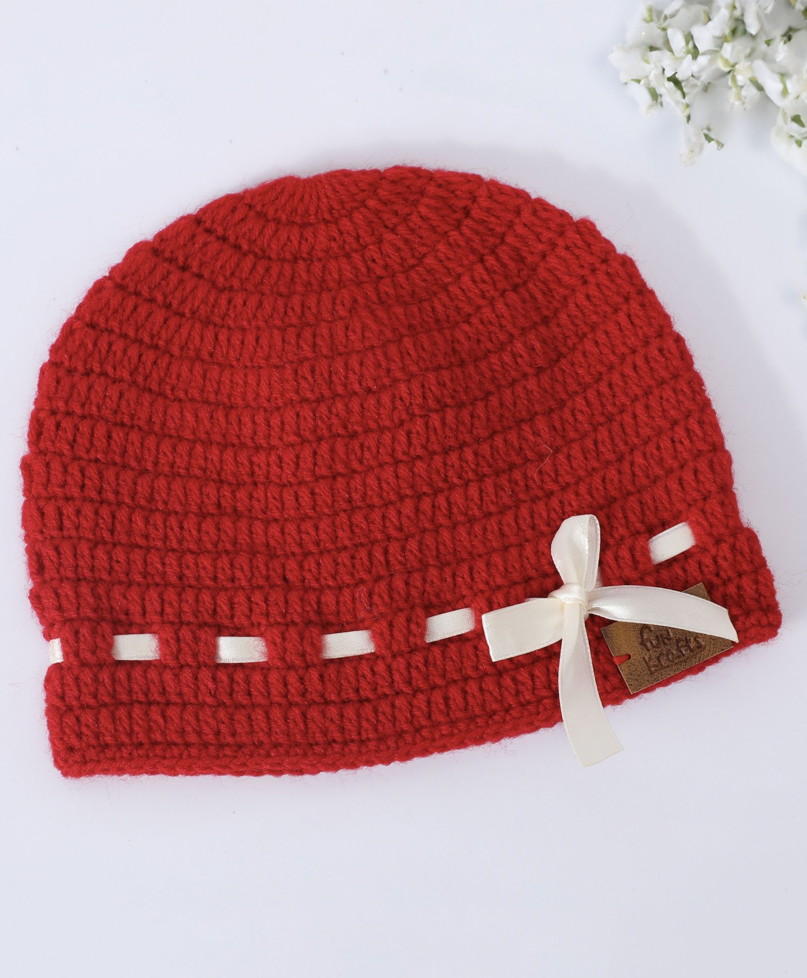 Funkrafts Handmade Woollen Solid Bow Designed Beanie Cap - White & Red-image-41