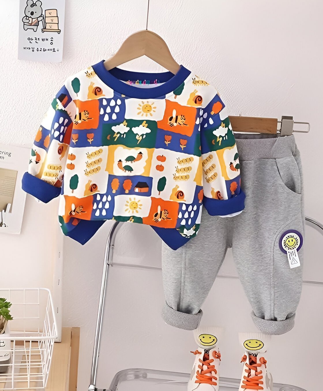 Googo Gaaga Cotton Full Sleeves Insects & Floral Printed Sweatshirt & Joggers Set - Blue