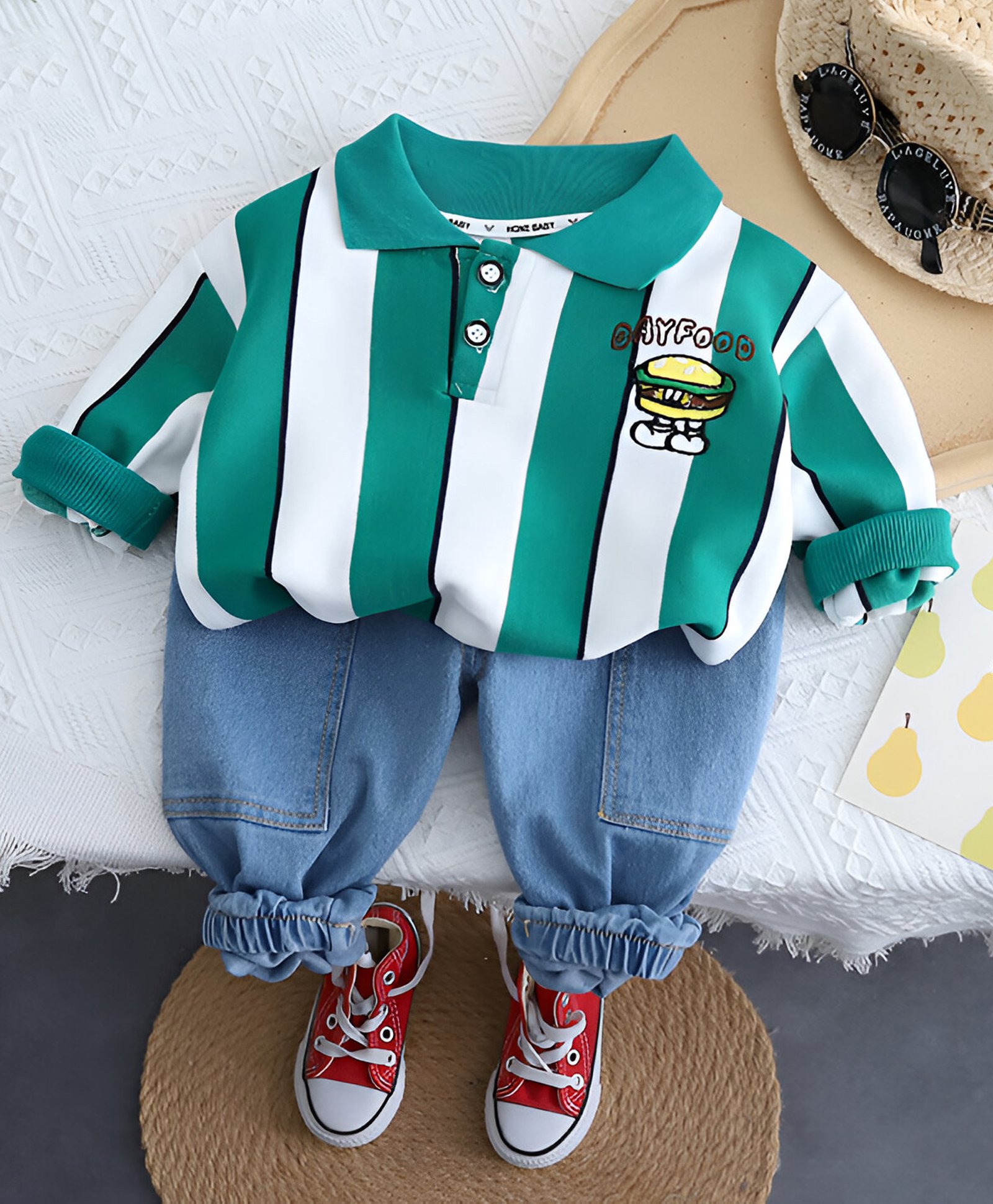 Googo Gaaga Cotton Full Sleeves Striped Burger Embroidered Sweatshirt With Denim Trousers Set - Green-image-48