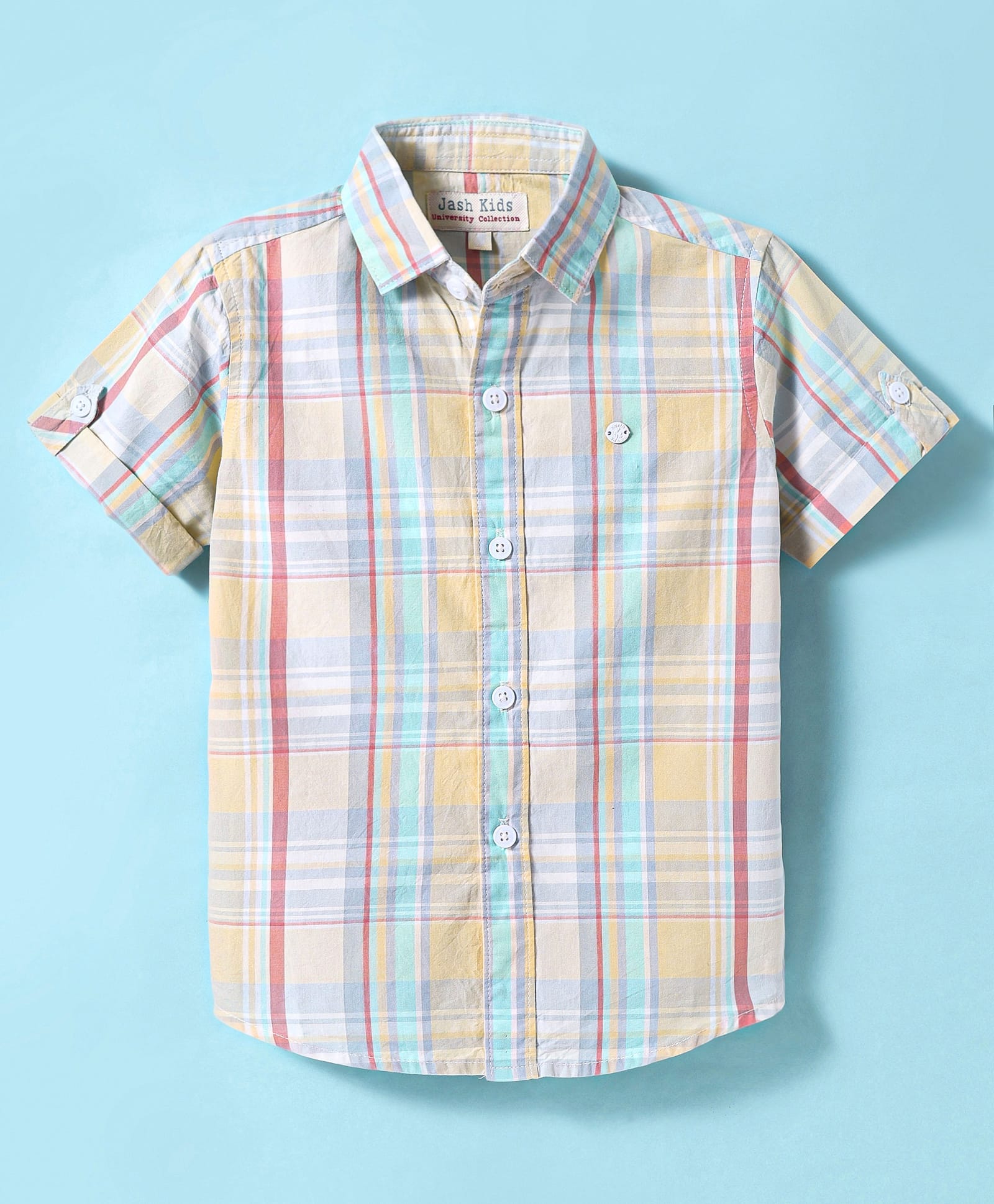 JASH KIDS Cotton Woven Half Sleeves Checkered Shirt - Lemon-image-33