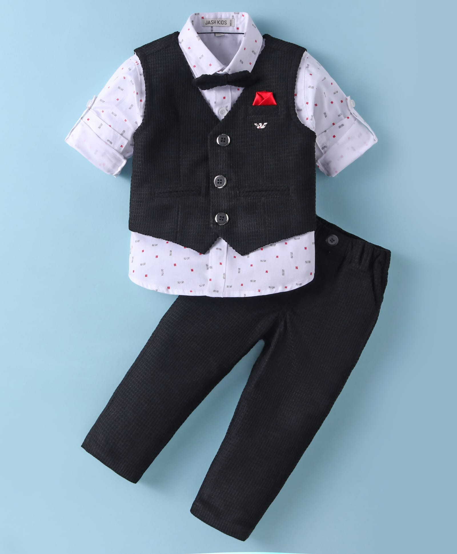 JASH KIDS Cotton Woven Full Sleeves 3 Piece Party Suit with Bow - Black-picture-12