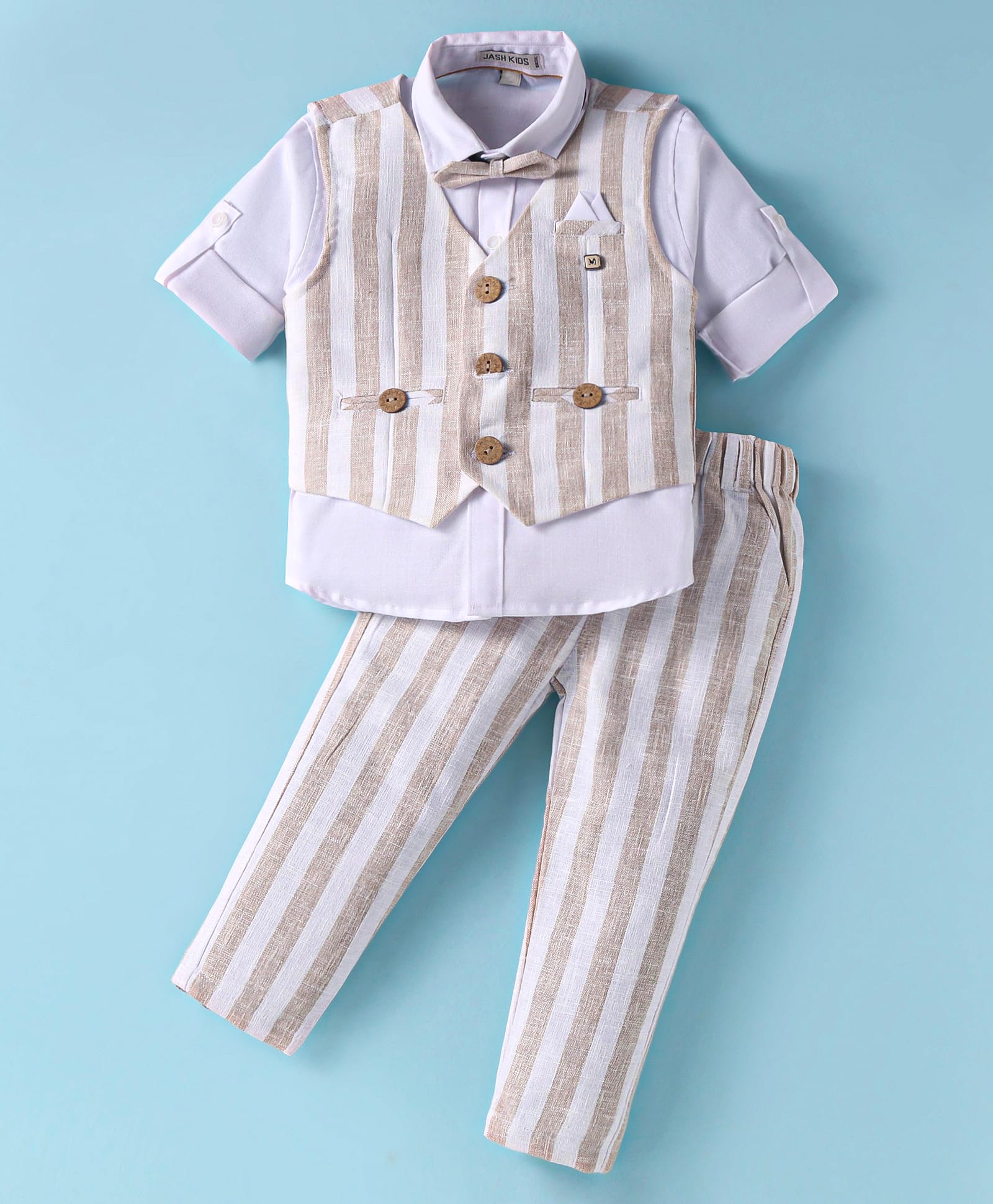 JASH KIDS Cotton Woven Full Sleeves Striped 3 Piece Party Suit with Bow - White-picture-13