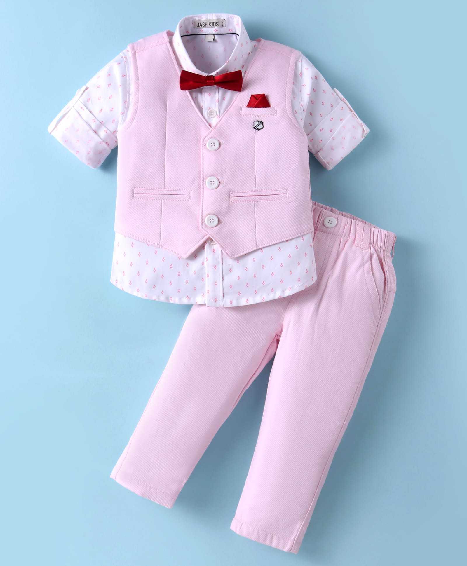JASH KIDS Cotton Woven Full Sleeves 3 Piece Party Suit with Bow - Pink-image-25