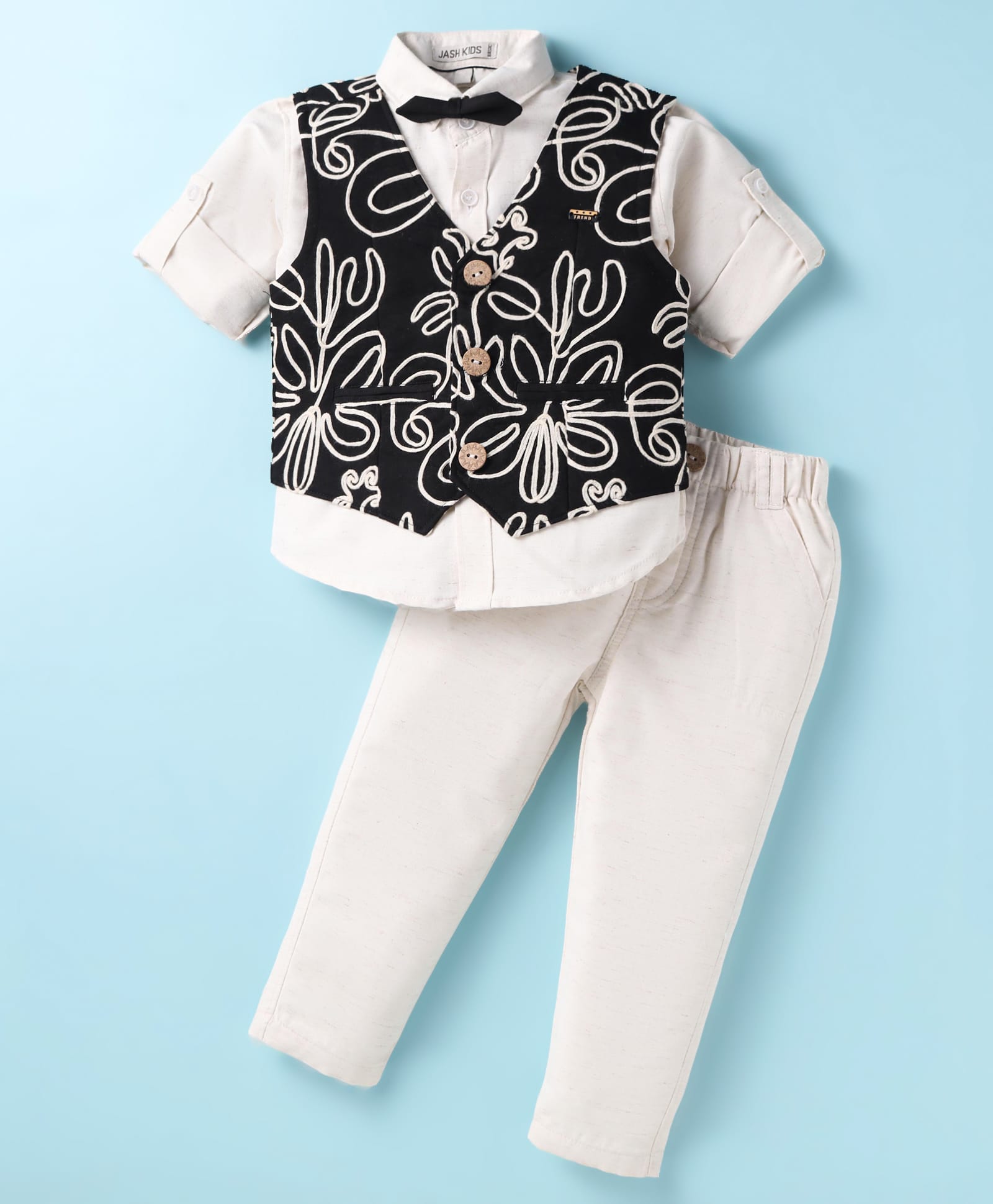 JASH KIDS Cotton Knit Full Sleeves Floral Design 3 Piece Party Suit with Bow - Black-image-9
