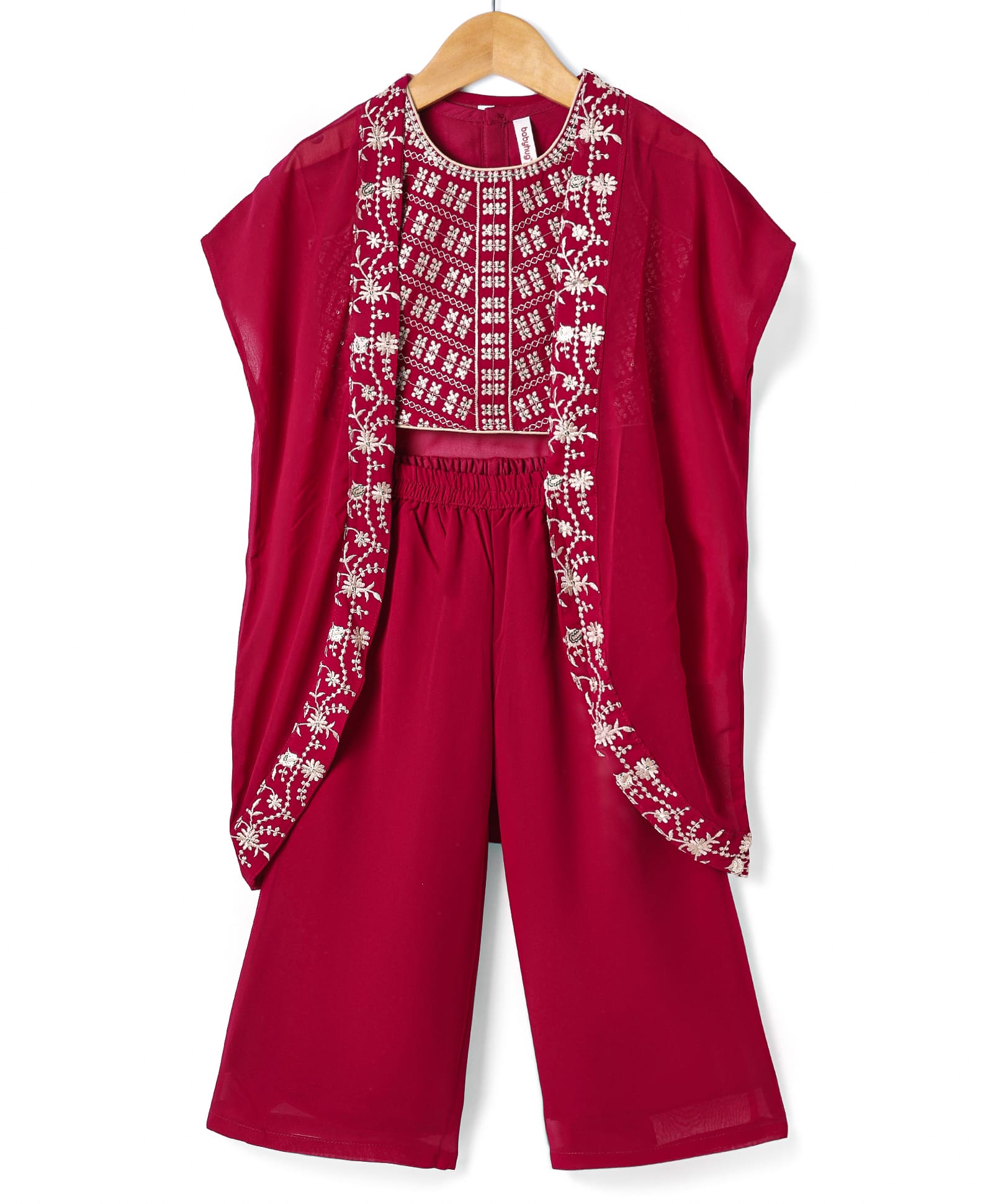 Babyhug Woven Sleeveless Top & Palazzo Set with Floral Embroidery Shrug - Maroon-image-39