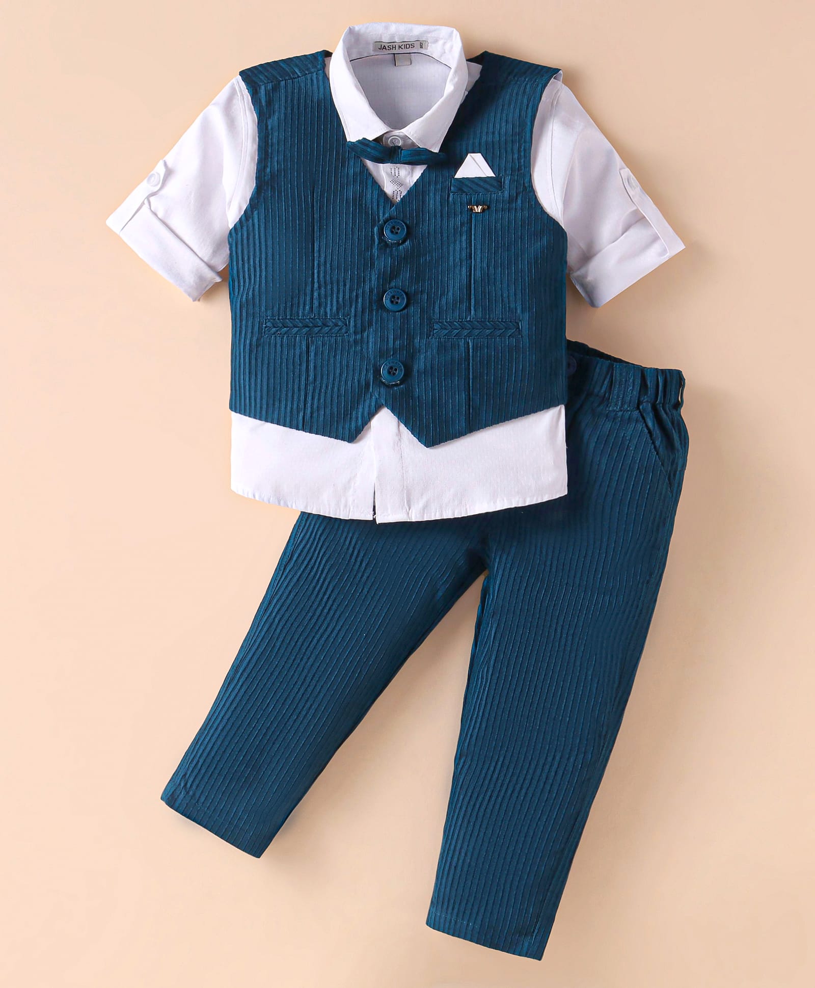 JASH KIDS Cotton Woven Full Sleeves 3 Piece Party Suit with Bow - Teal Blue-image-26