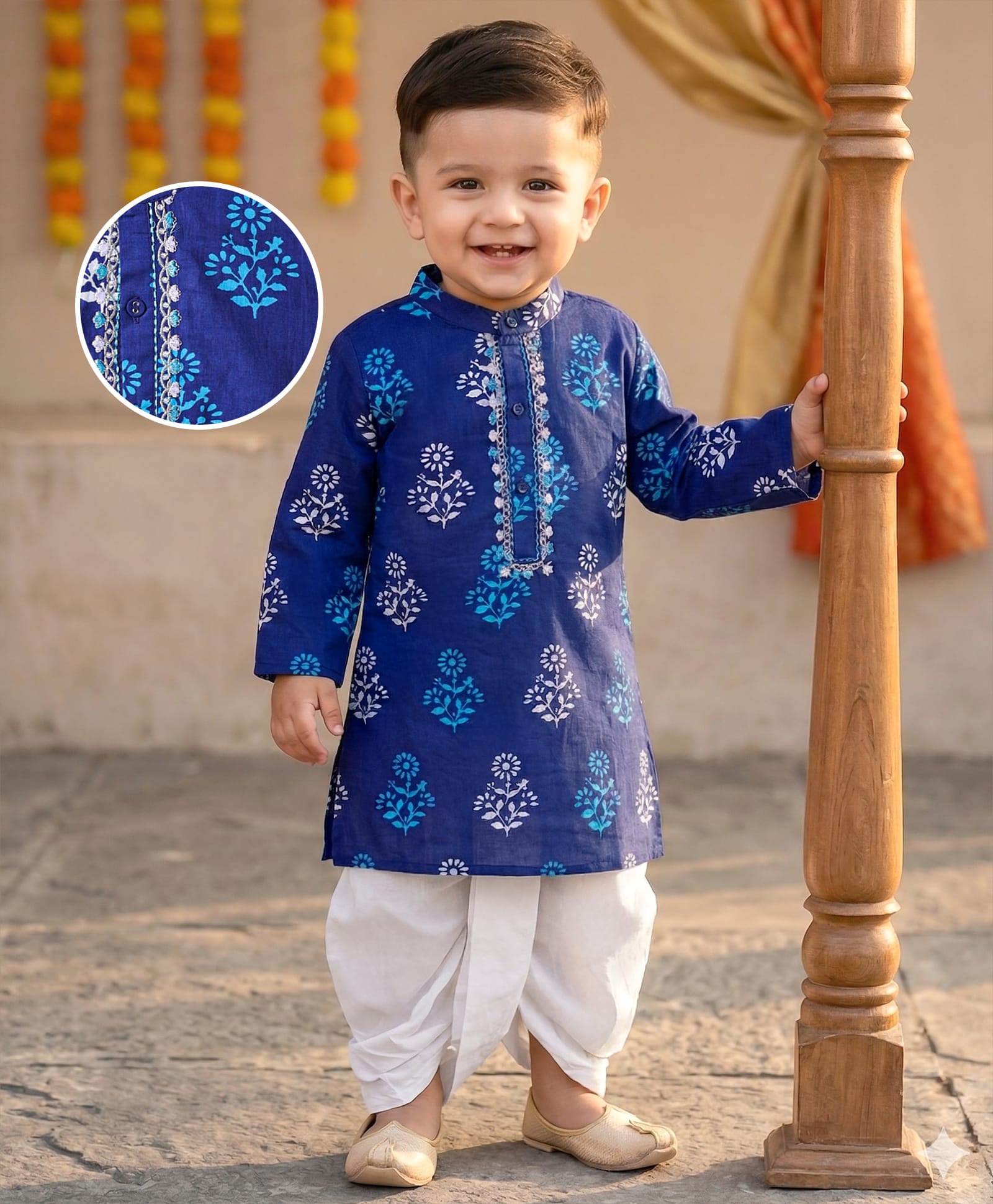 Babyhug Cotton Woven Full Sleeves Dhoti Kurta Set with Floral Print & Embroidery Detailing - Navy Blue-image-3