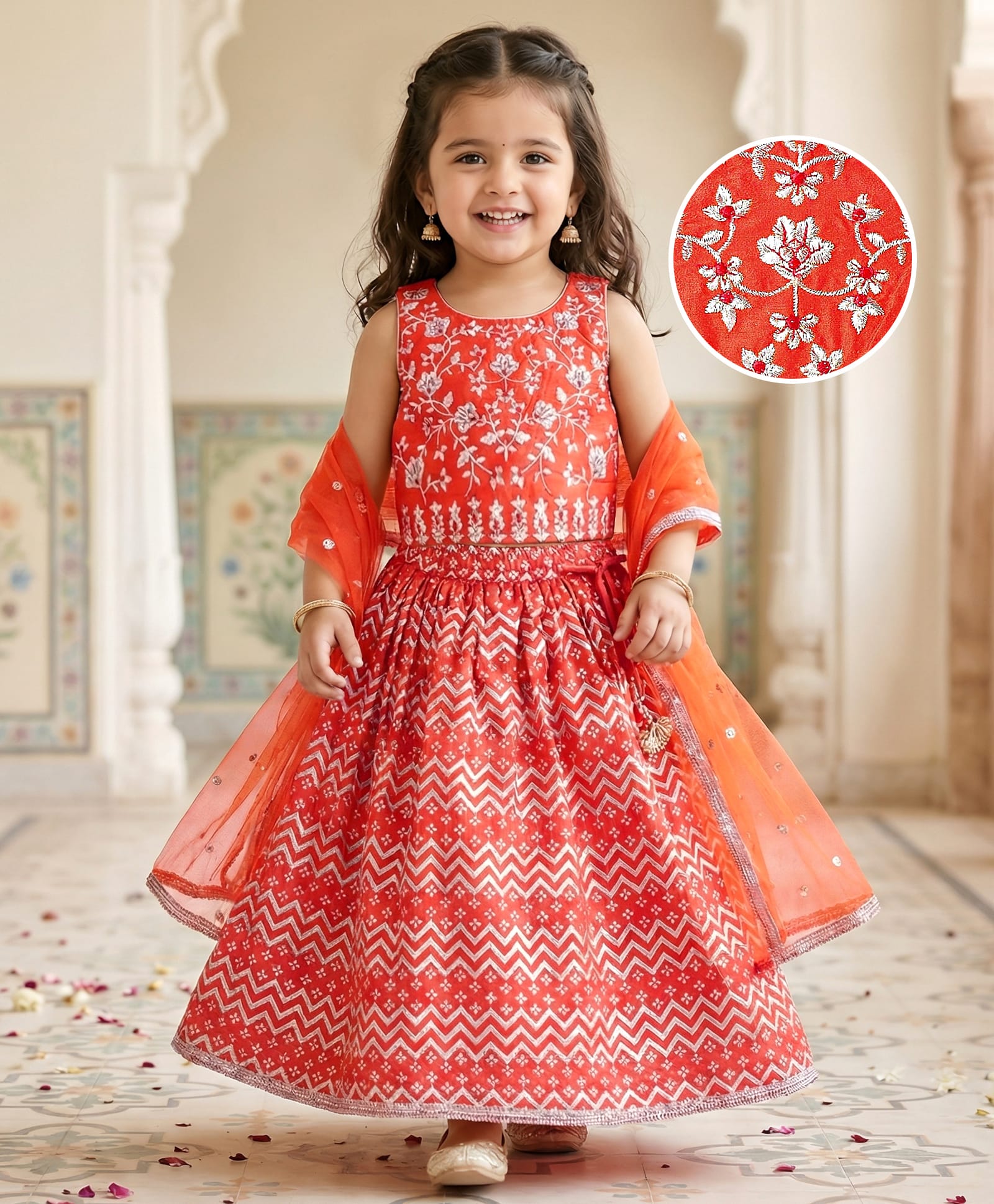 Babyhug Woven Sleeveless FloralEmbroidered Choli Lehenga & Dupatta Set with Tassle Detailing & Foil Print - Orange-picture-23
