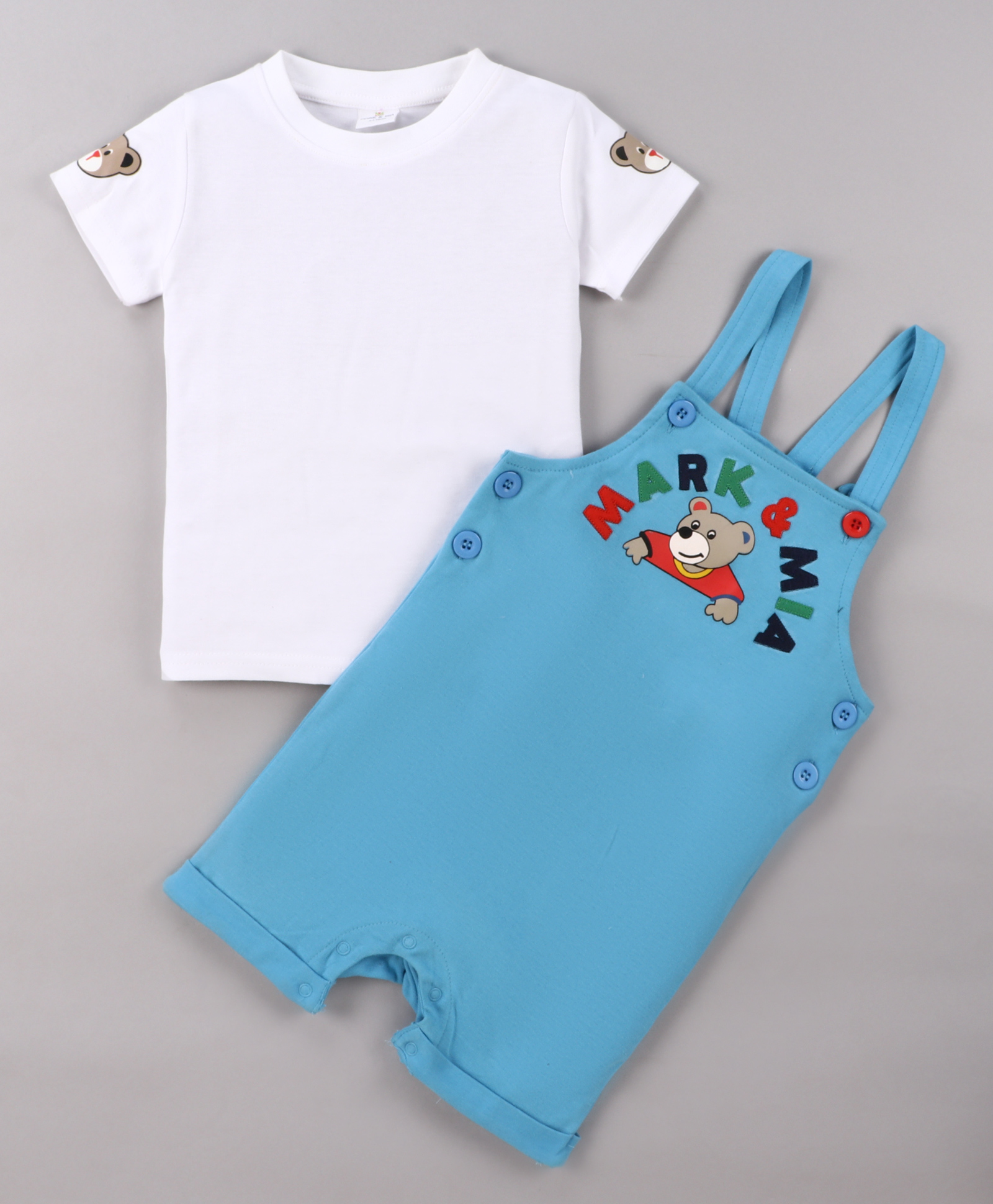 Mark & Mia Interlock Knit Half Sleeves Inner Tee & Dungaree with Bear Print & Patch Detailing - Light Blue & White-image-11