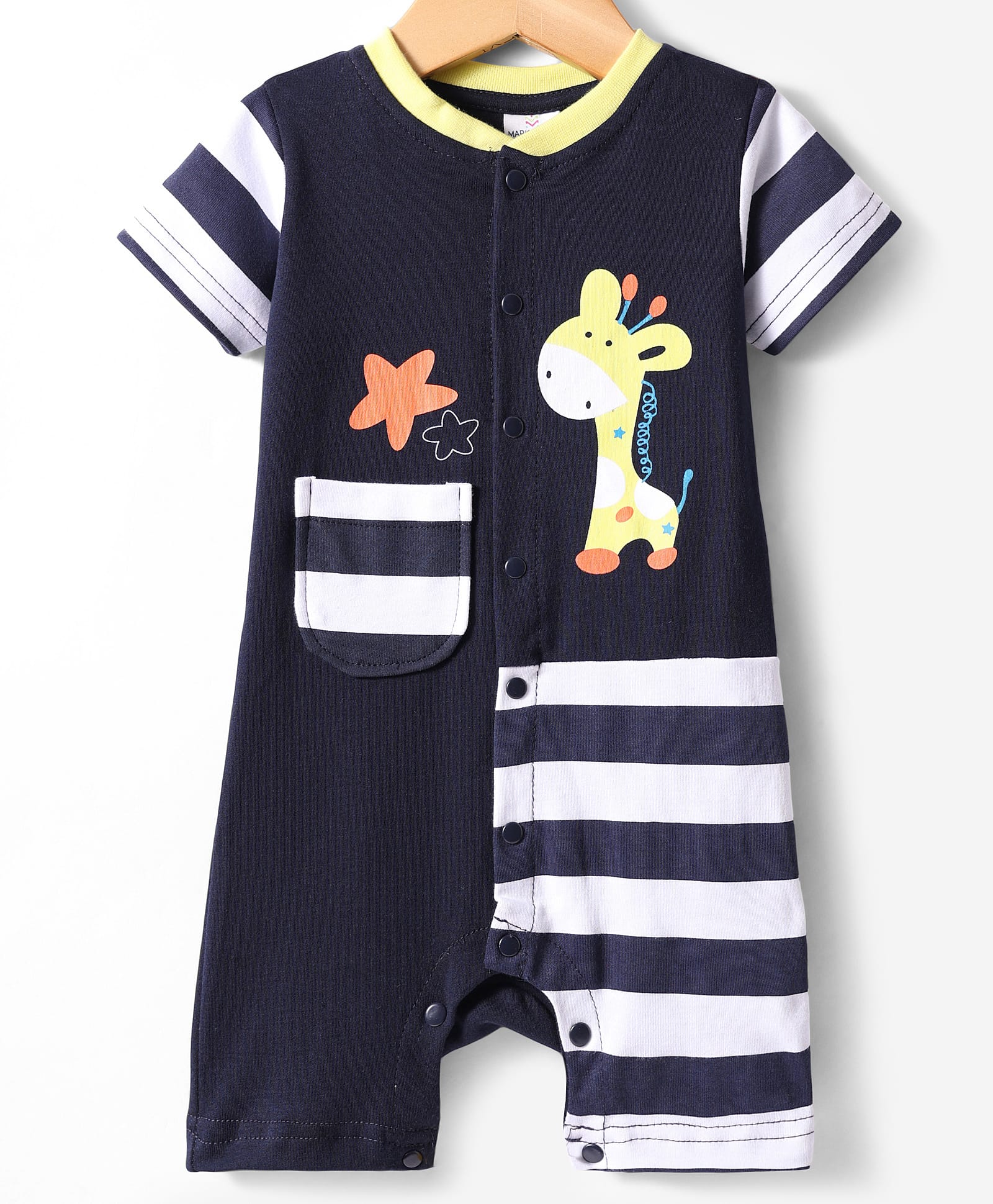 Kookie Kids Cotton Knit Half Sleeves Striped & Griaffe Graphics with Pocket Detailing Romper - Navy Blue-image-47
