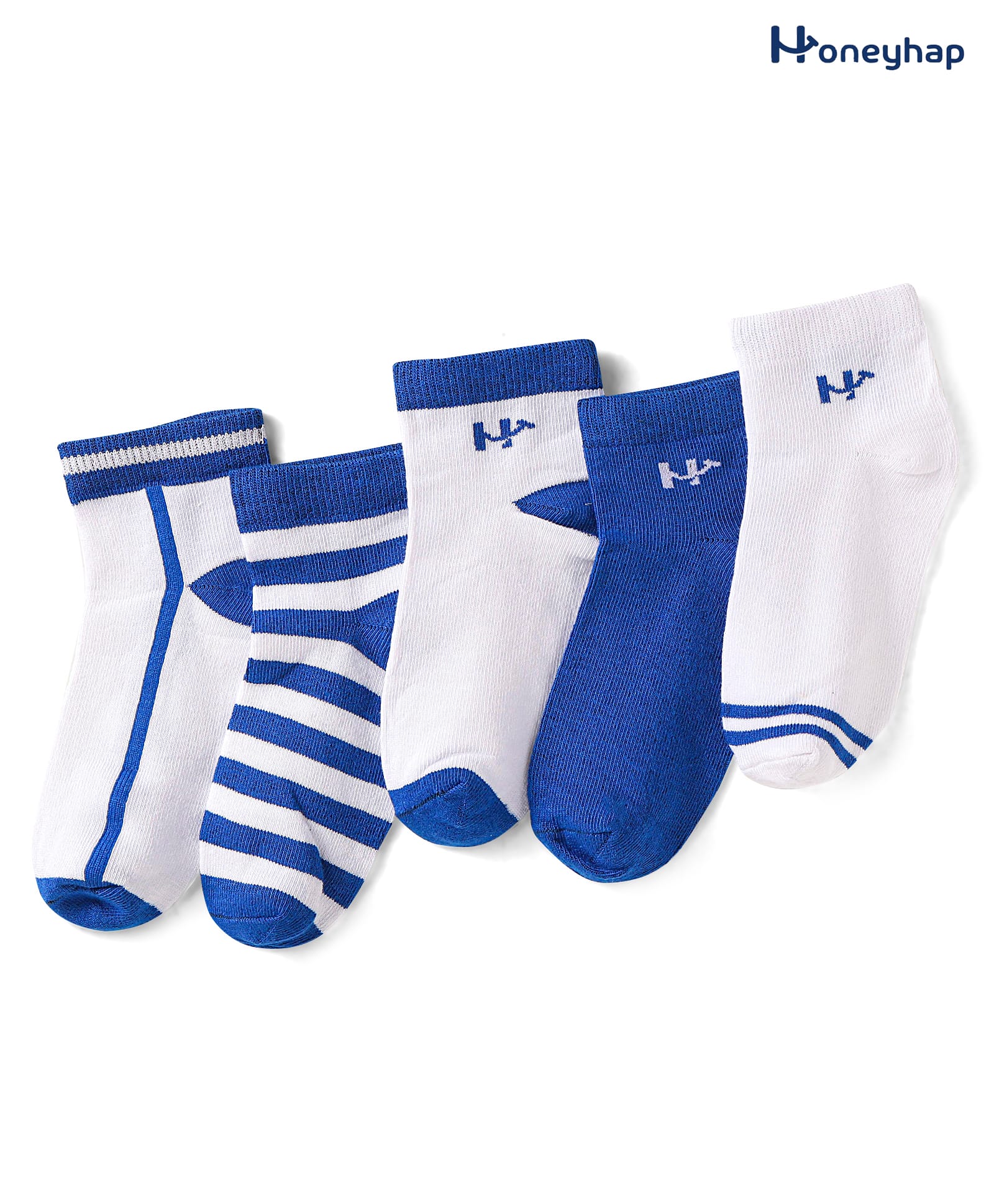 Honeyhap Premium Cotton Knit Bamboo Spandex Ankle Length Bio Finish Socks with Stripes Pack of 5 - White Bright Blue Stripe Bright White-image-26