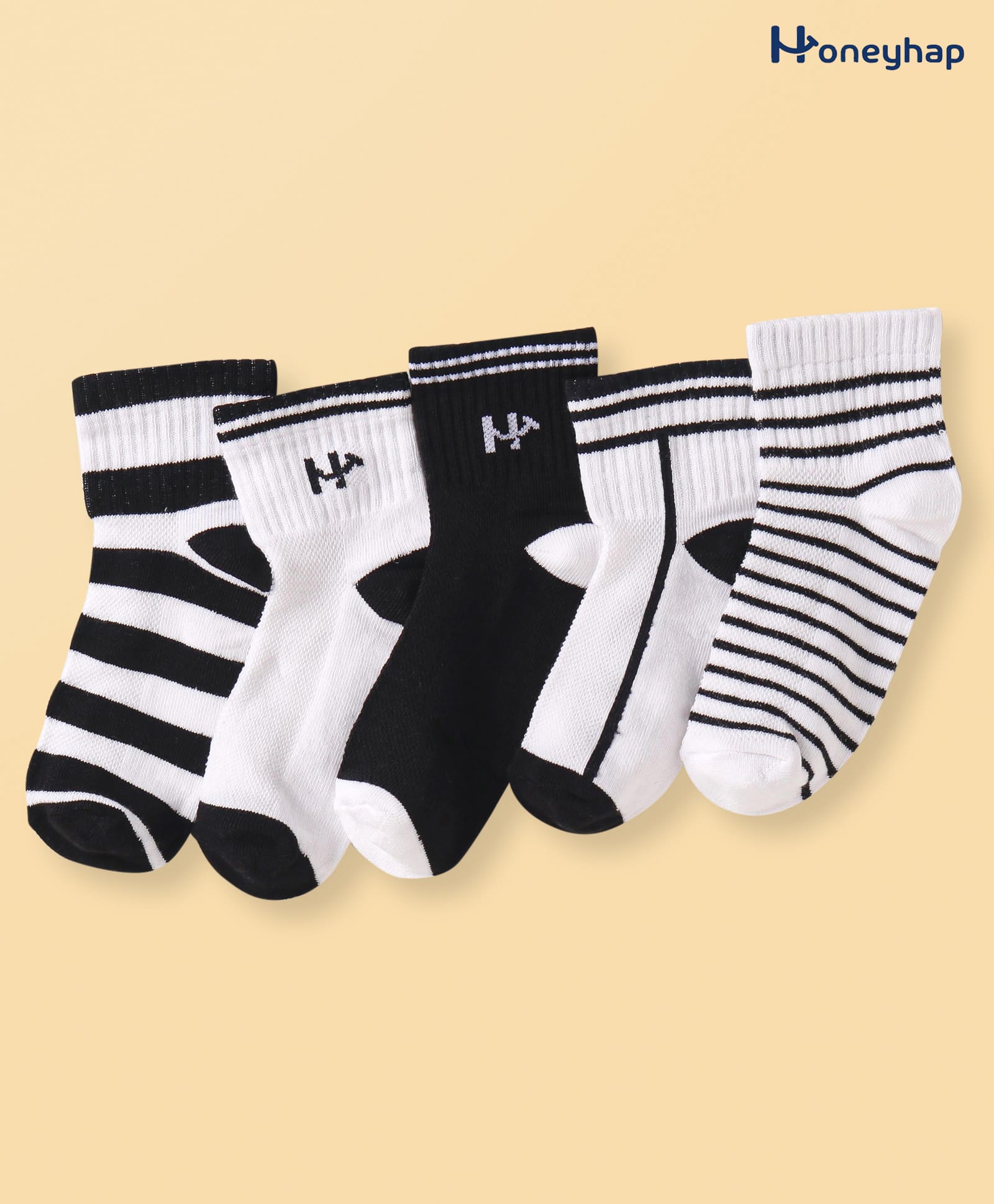 Honeyhap Premium Cotton Knit Bamboo Spandex Ankle Length Bio Finish Socks with Stripes Pack of 5 - Black & White-picture-13