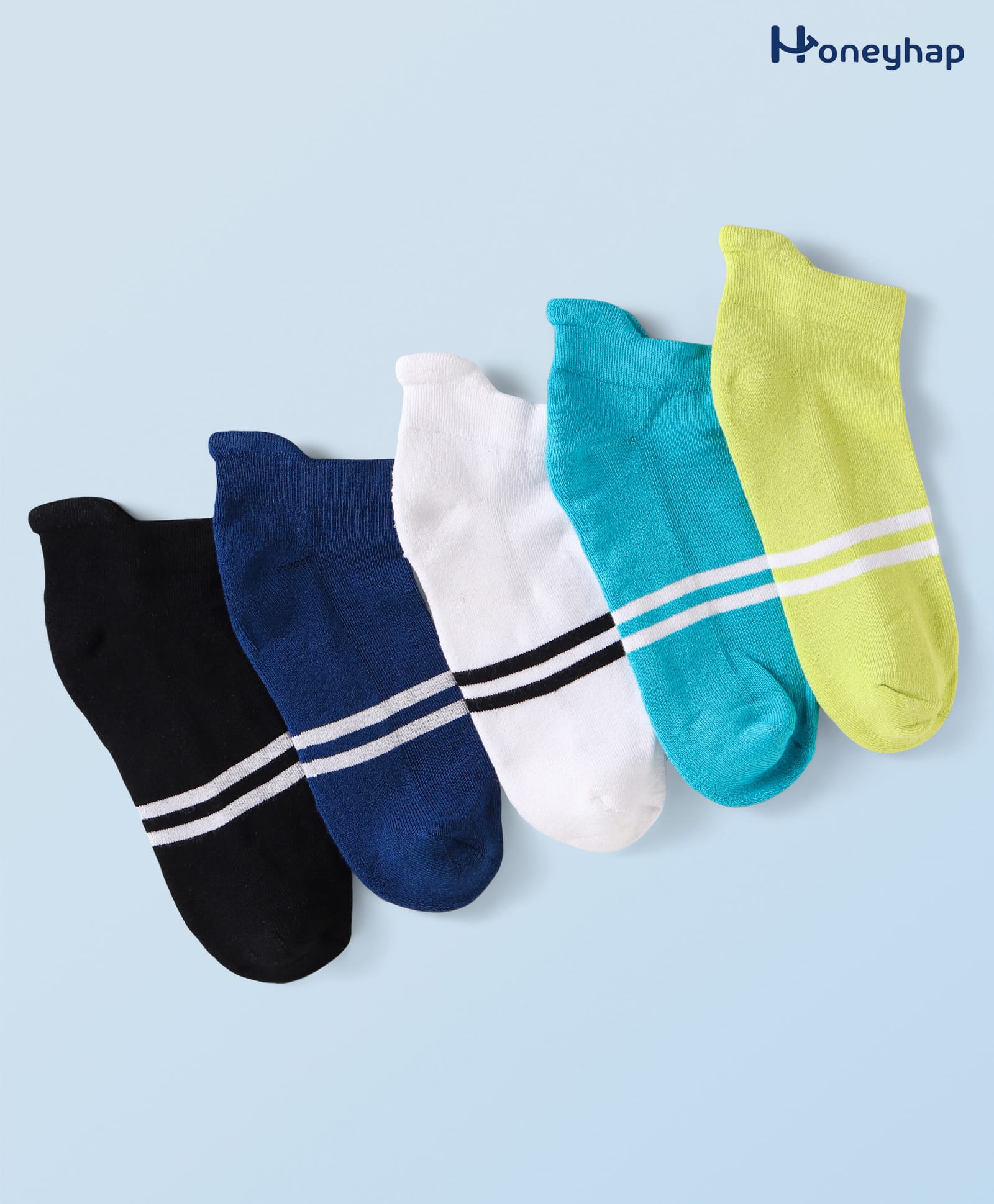 Honeyhap Premium Cotton Knit Bamboo Spandex Ankle Length Bio Finish Socks with Stripes Pack of 5 - Bachelor Button Lime Blue White & Black-picture-13