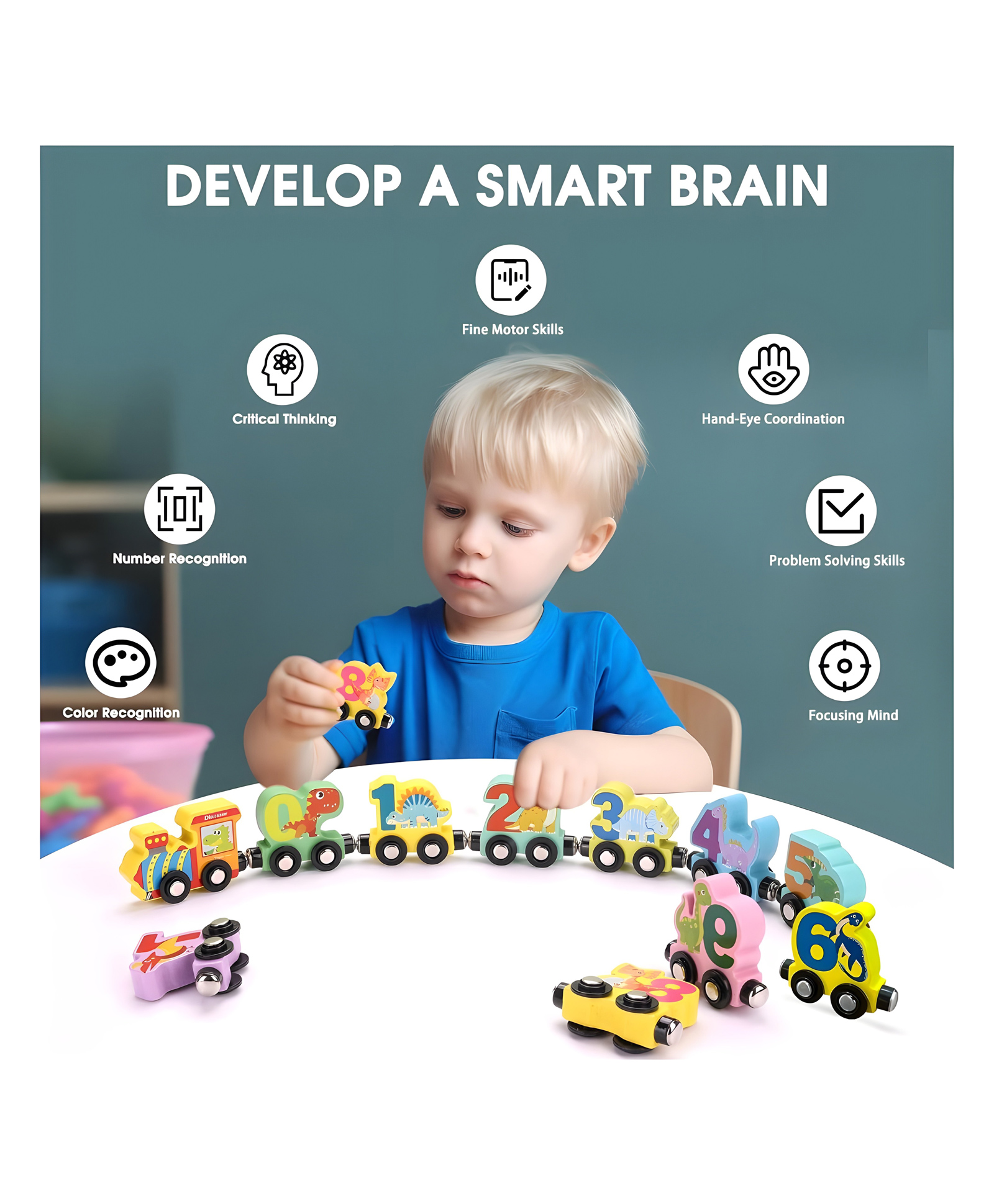 YAMAMA Magnetic Toys For Kids Magnetic Wooden Dinosaur Train Toys Magnetic Number Learning Small Train Toys Kids Toys 11 Pieces - Multicolor-image-12