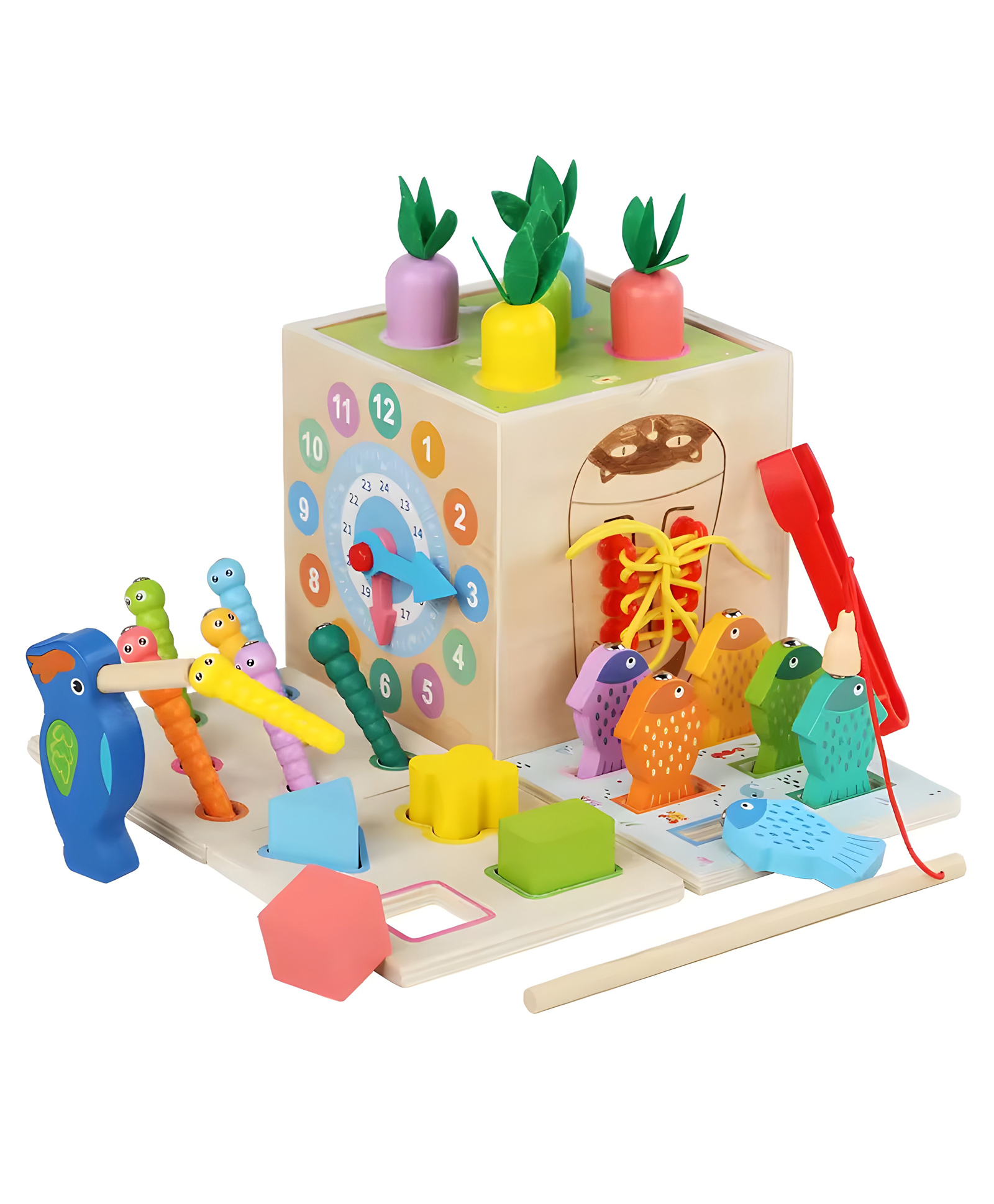 YAMAMA Wooden Toys For Kids 8 In 1 Wooden Montessori Toys With Multi-functional Shape Matching Insect Catching Carrot Clock Fishing Treasure Box Stacking And Sorting Kids Toys Educational Kids Development Toys - Multicolor-picture-10