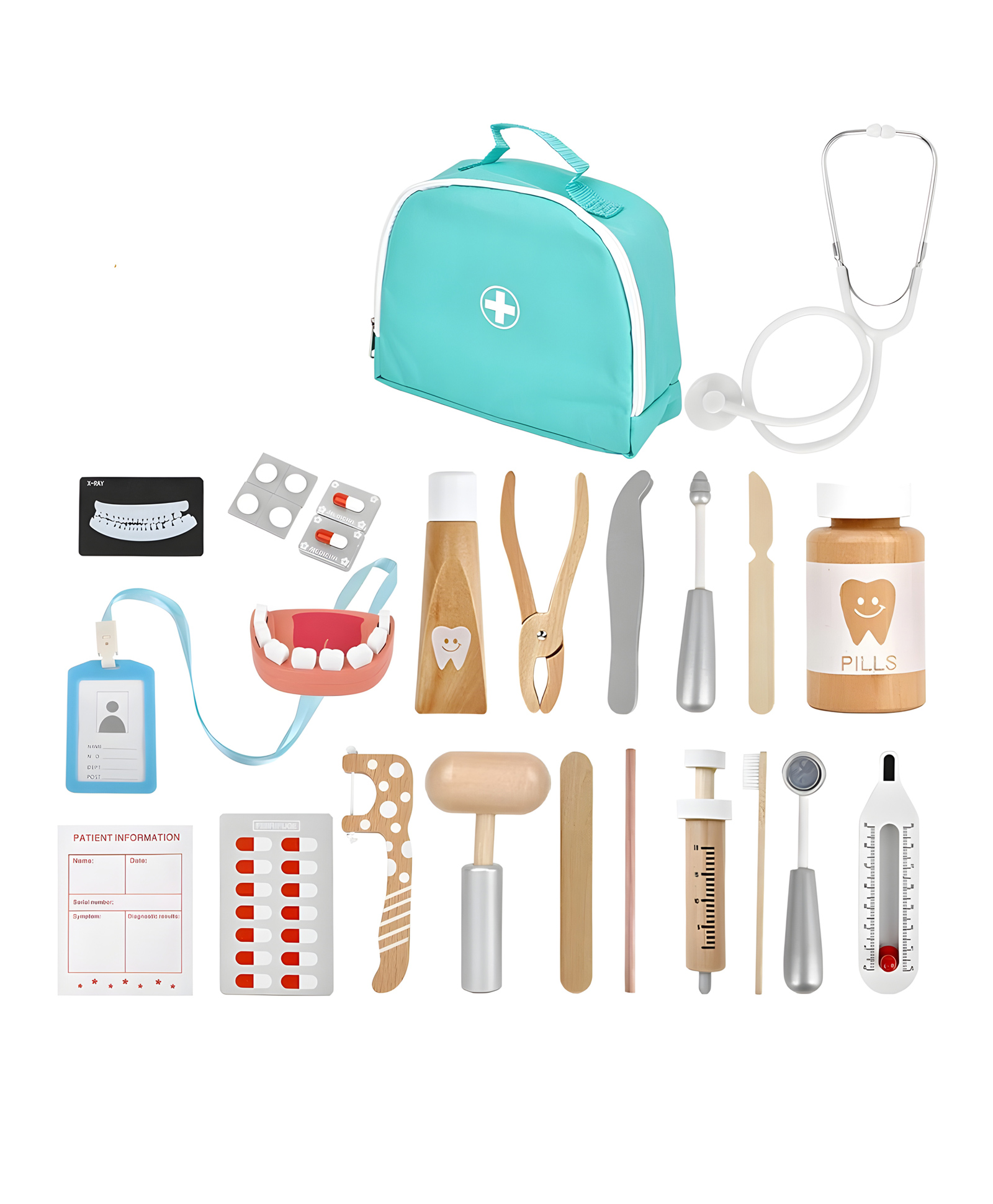 YAMAMA Wooden Toys For Kids Dentist Pretend Play Doctor Toy Set Wooden Medical Kit Kids Toys Educational Kids Development Toys 25 Pieces - Multicolor-image-23