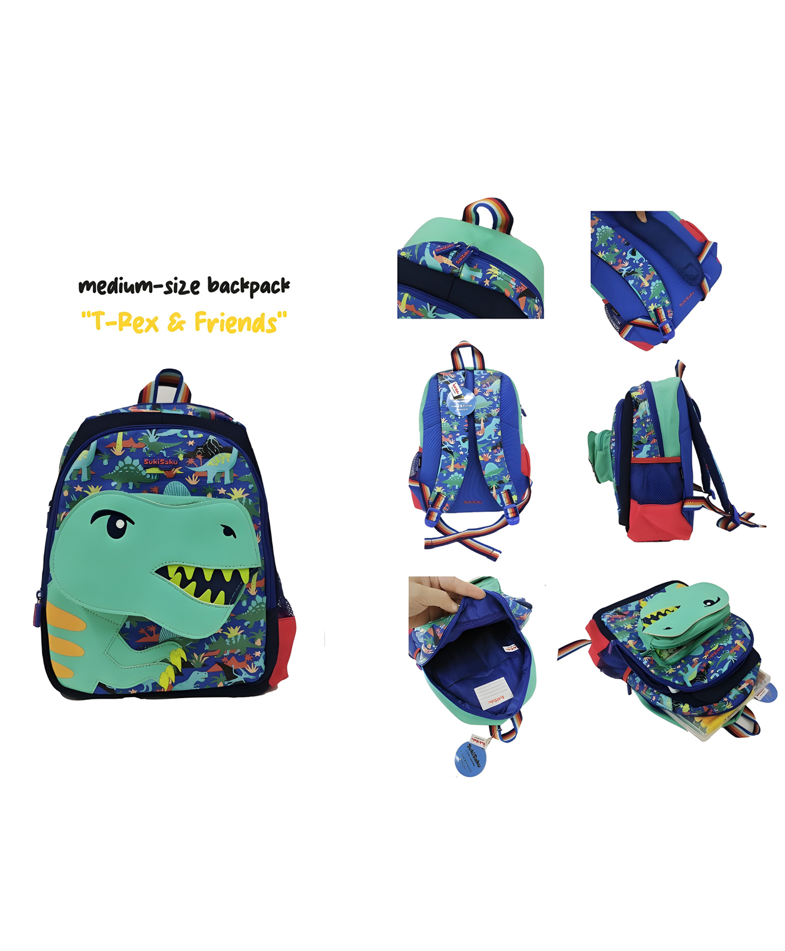 YAMAMA School Bags T-Rex And Friends Backpack For Kids With Adjustable Straps Premium Design Bag For Kids Best For School Picnic Holidays - (Height 14 Inch - Multicolor)-image-9