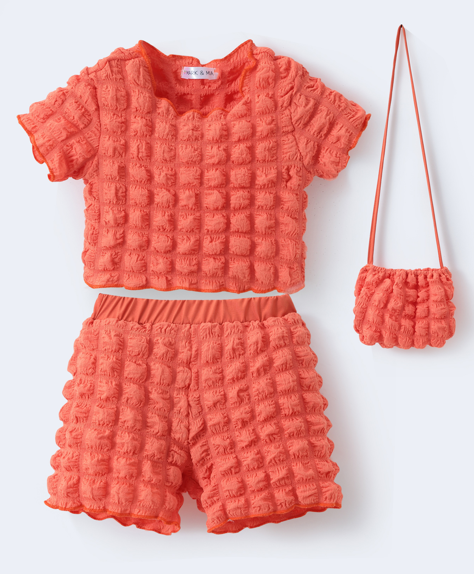 Mark & Mia Half Sleeves Textured Top & Shorts Set with Sling - Orange-image-4