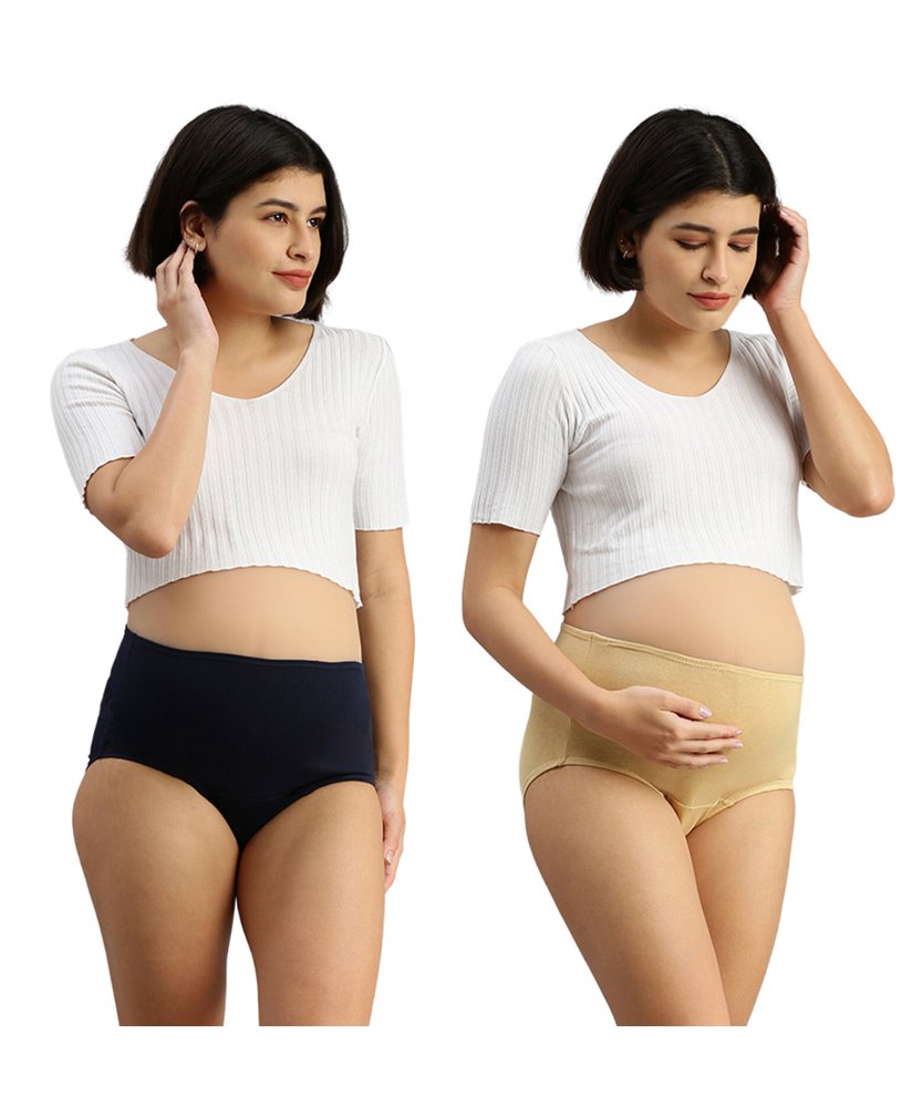 Morph Cotton Pack Of 2 Solid High Rise Pre Pregnancy Panties - Navy Blue & Skin-image-7