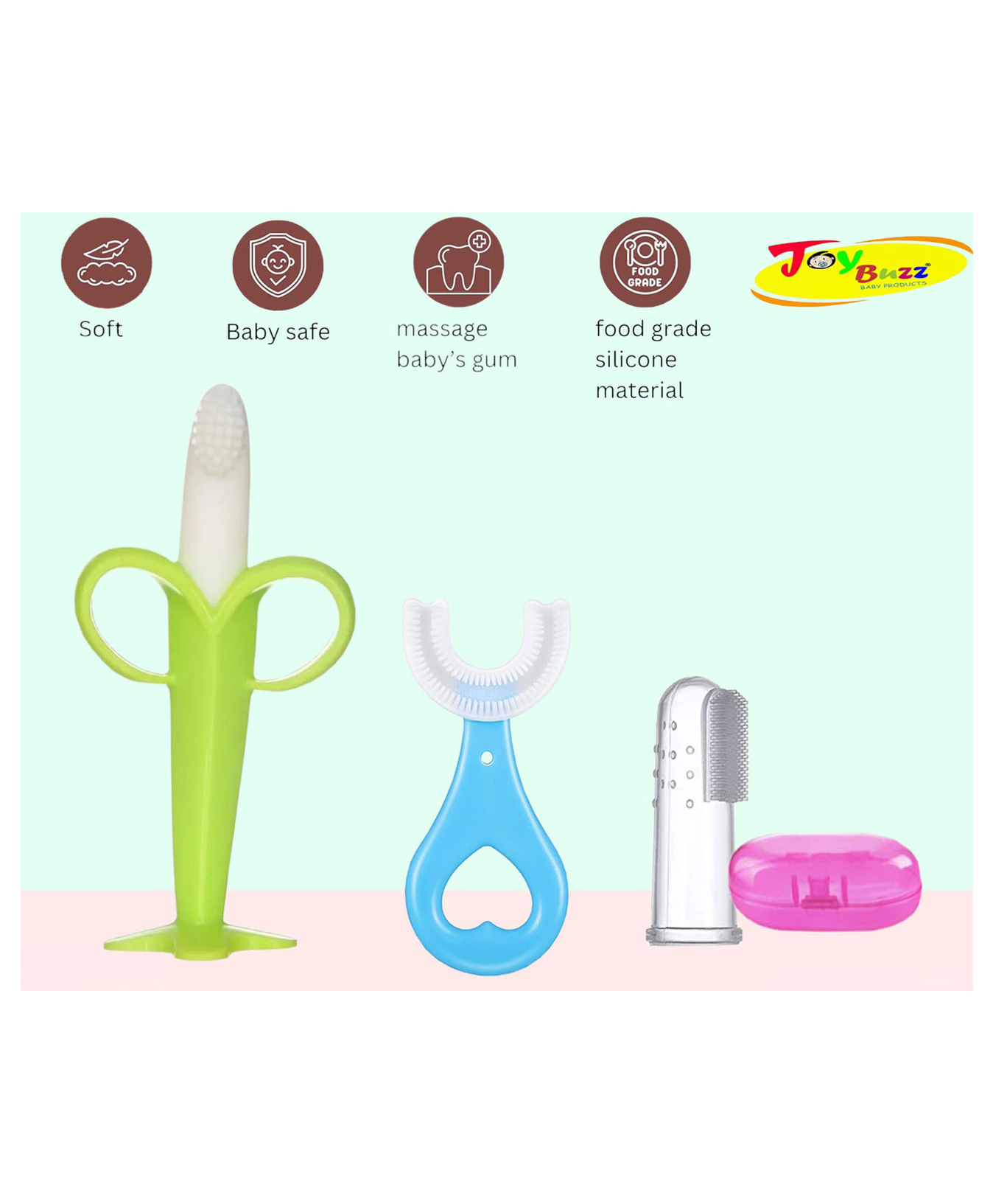 Joy Buzz Silicone Toothbrushes Pack Of 3 - Blue & Pink-picture-45