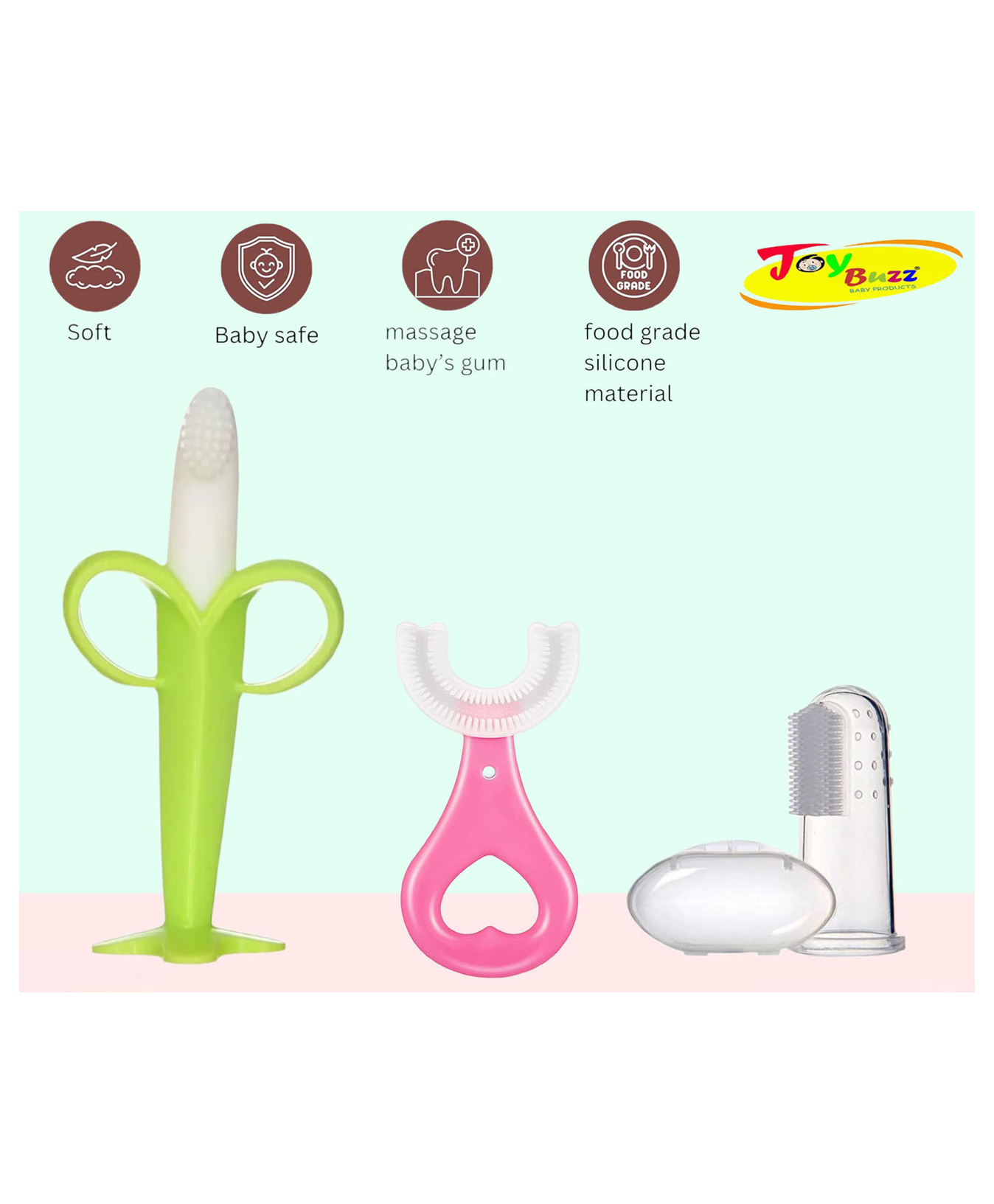 Joy Buzz Silicone Toothbrushes Pack Of 3 - Pink & White-picture-37