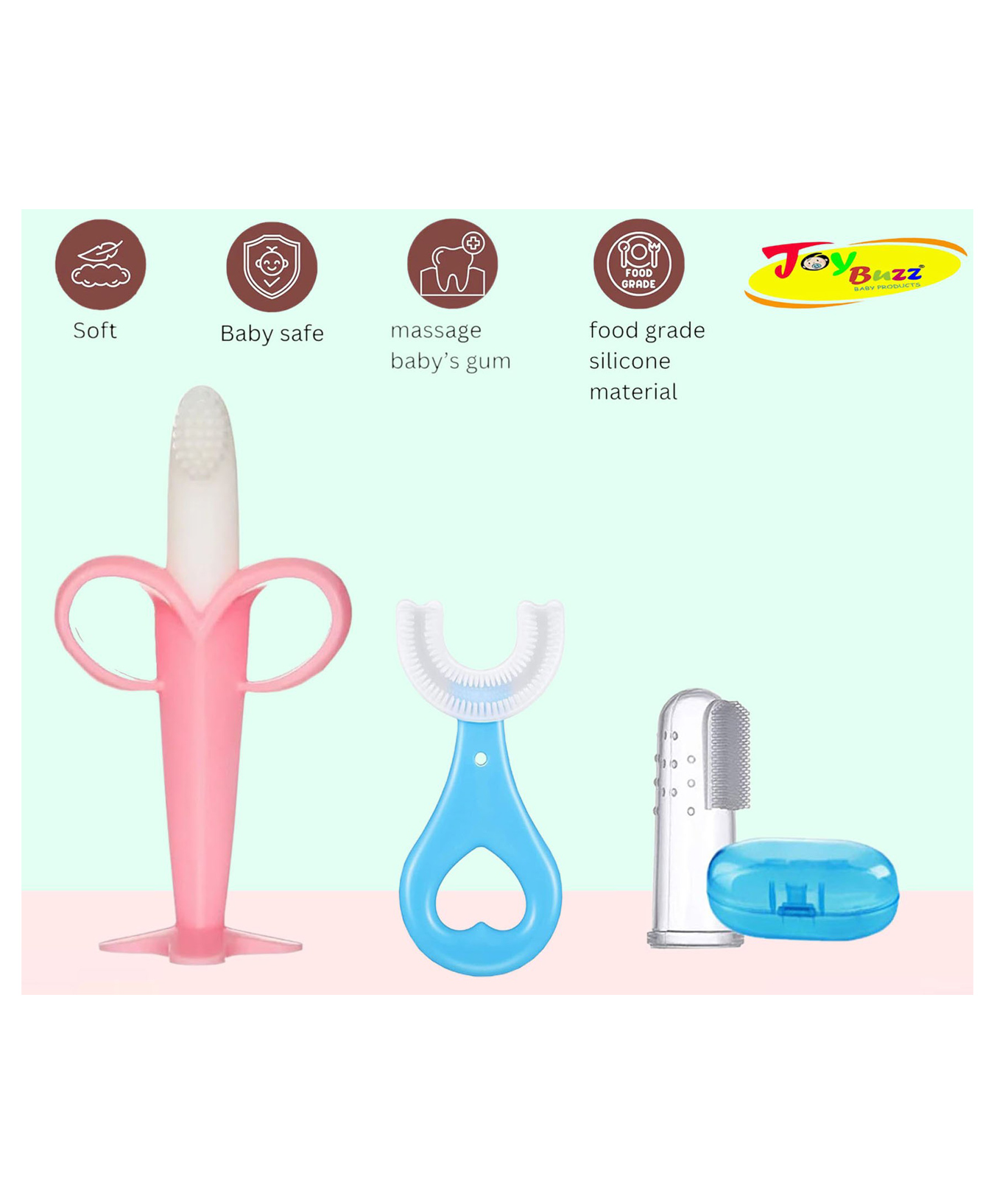 Joy Buzz Silicone Toothbrushes Pack Of 3 - Pink & Light Blue-picture-27
