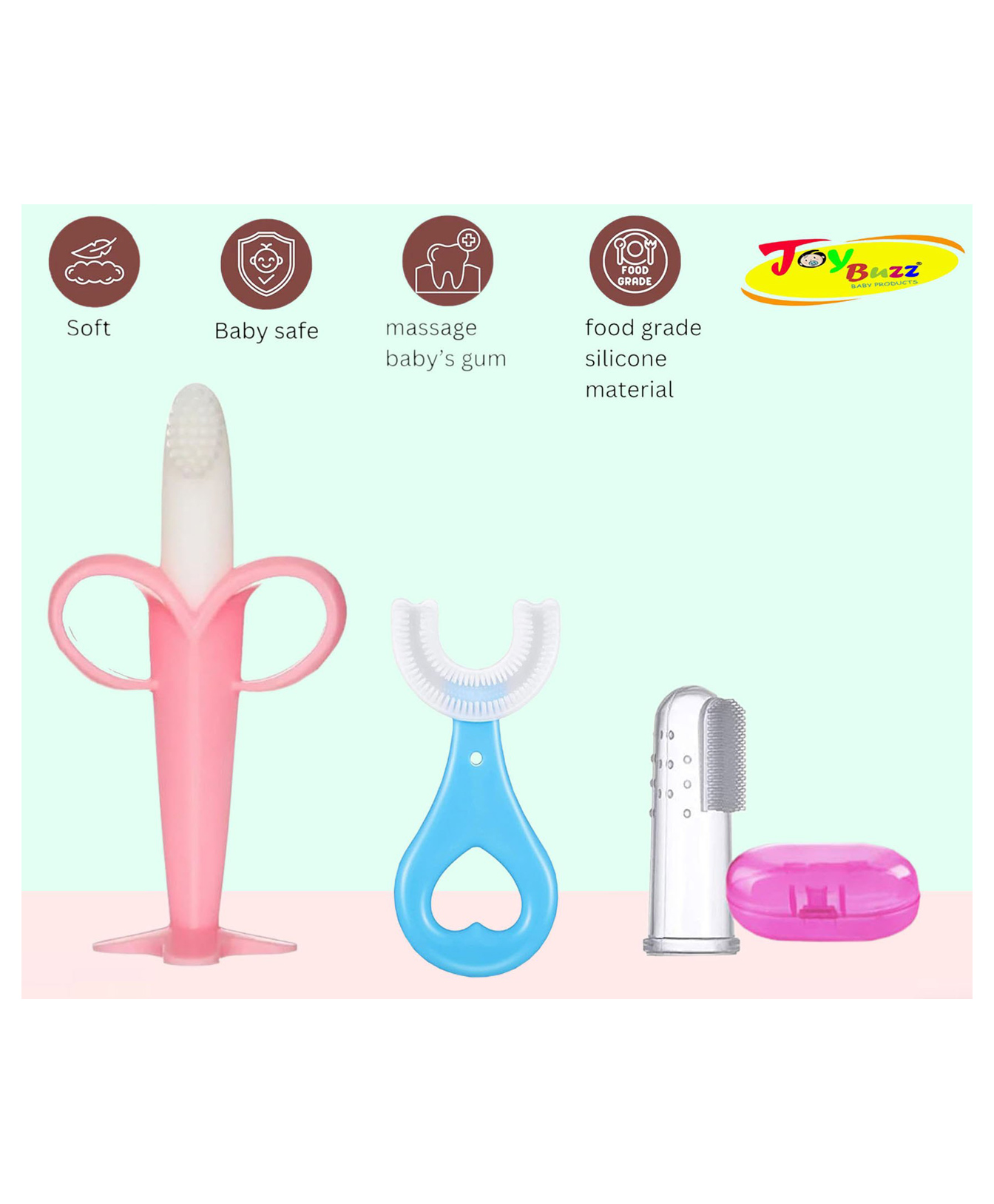 Joy Buzz Silicone Toothbrushes Pack Of 3 - Pink & Blue-picture-48
