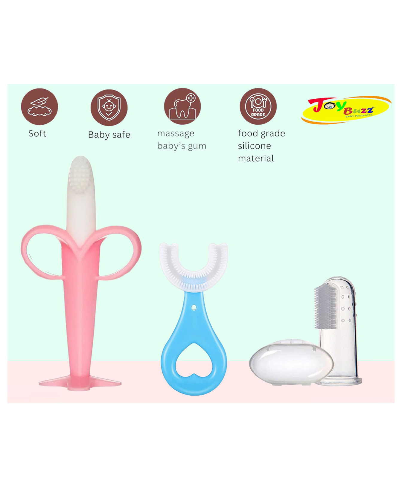 Joy Buzz Silicone Toothbrushes Pack Of 3 - White Pink & Blue-picture-28