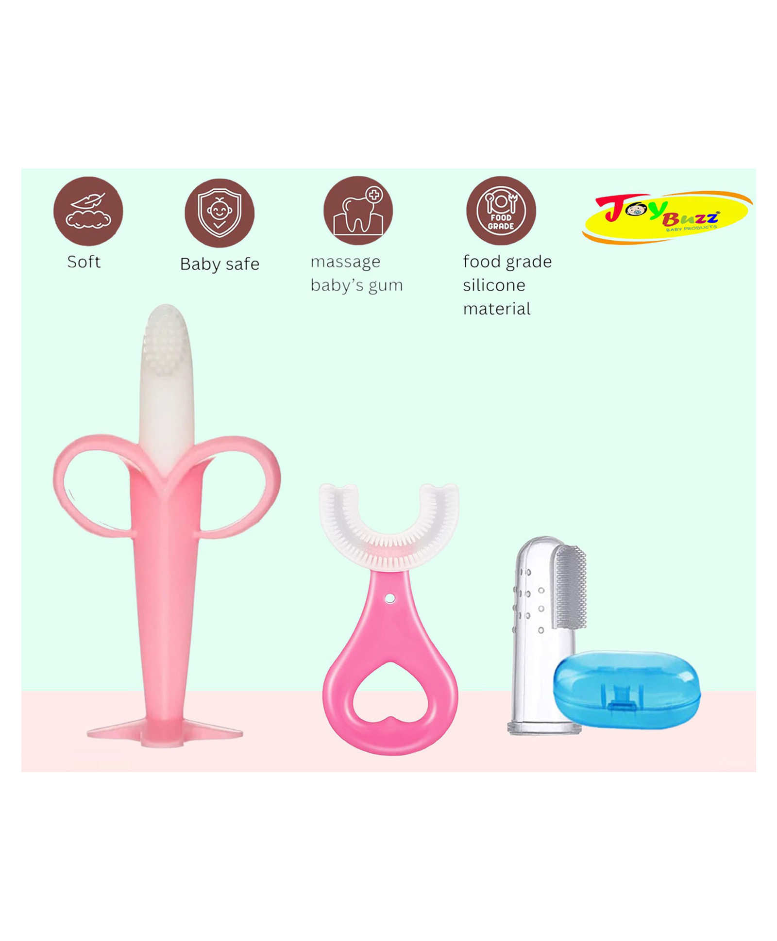 Joy Buzz Silicone Toothbrushes Pack Of 3 - Pink & Blue-picture-32