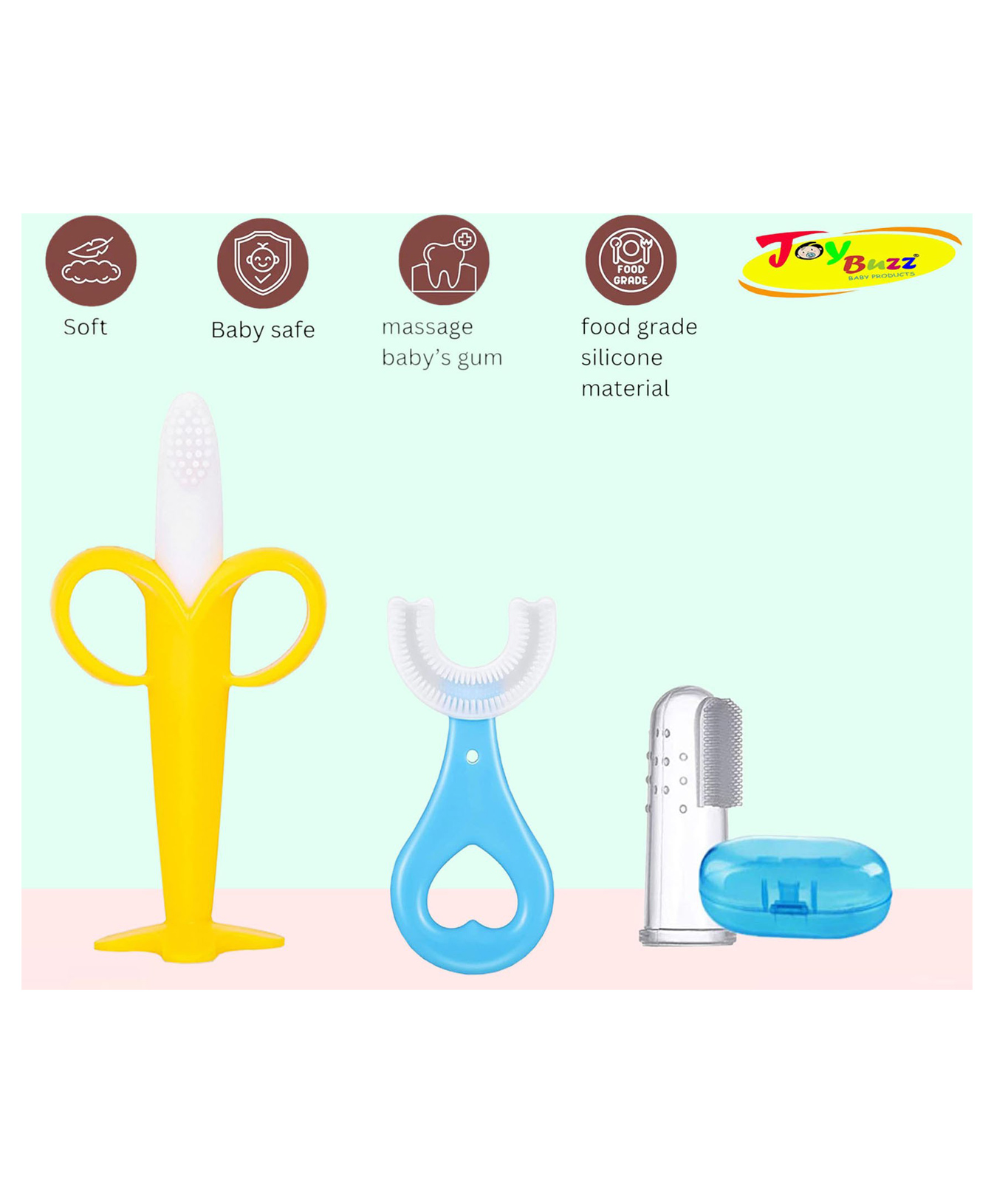 Joy Buzz Silicone Toothbrushes Pack Of 3 -Yellow & Light Blue-picture-34