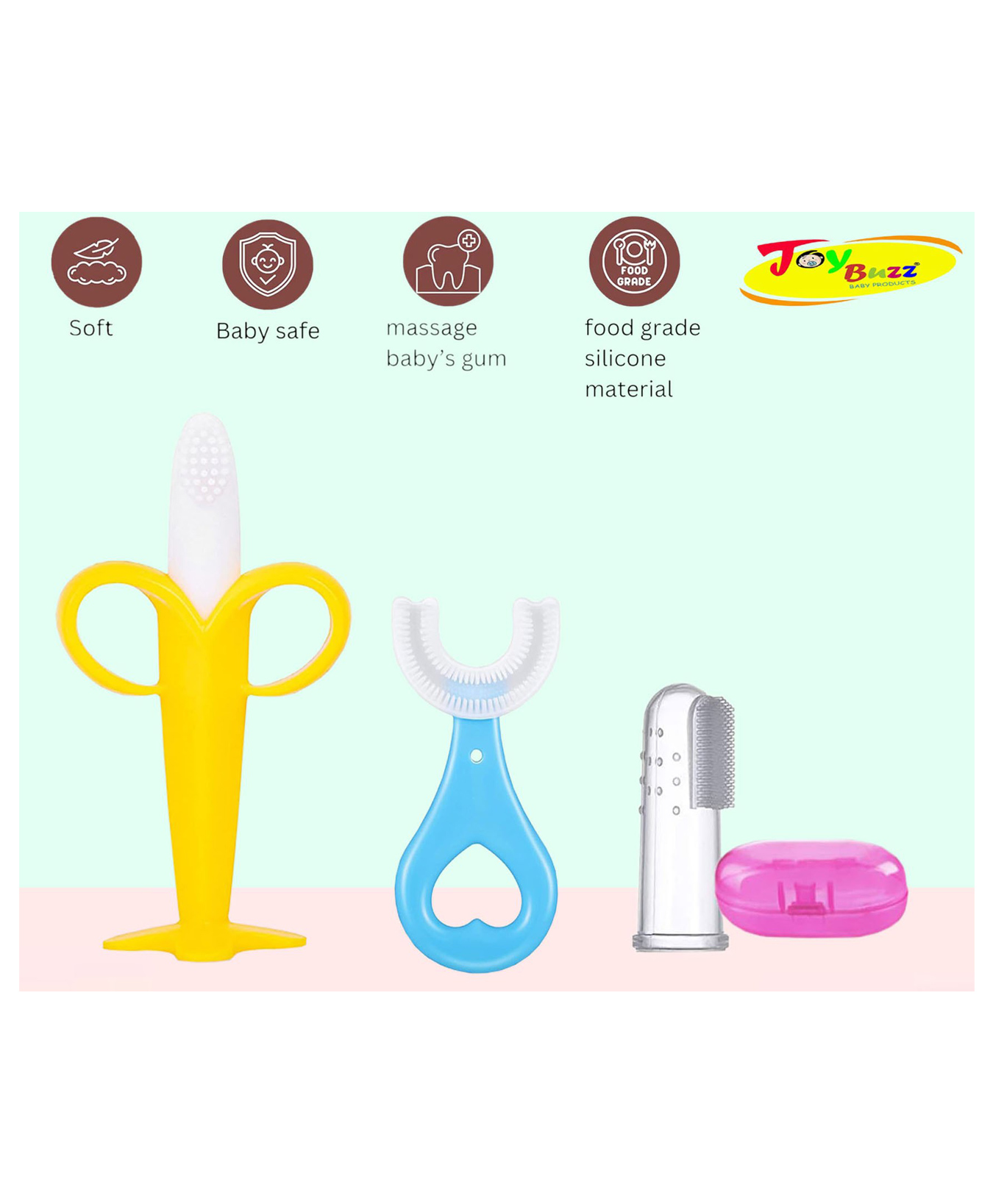 Joy Buzz Silicone Toothbrushes Pack Of 3 - Pink & Blue-picture-29