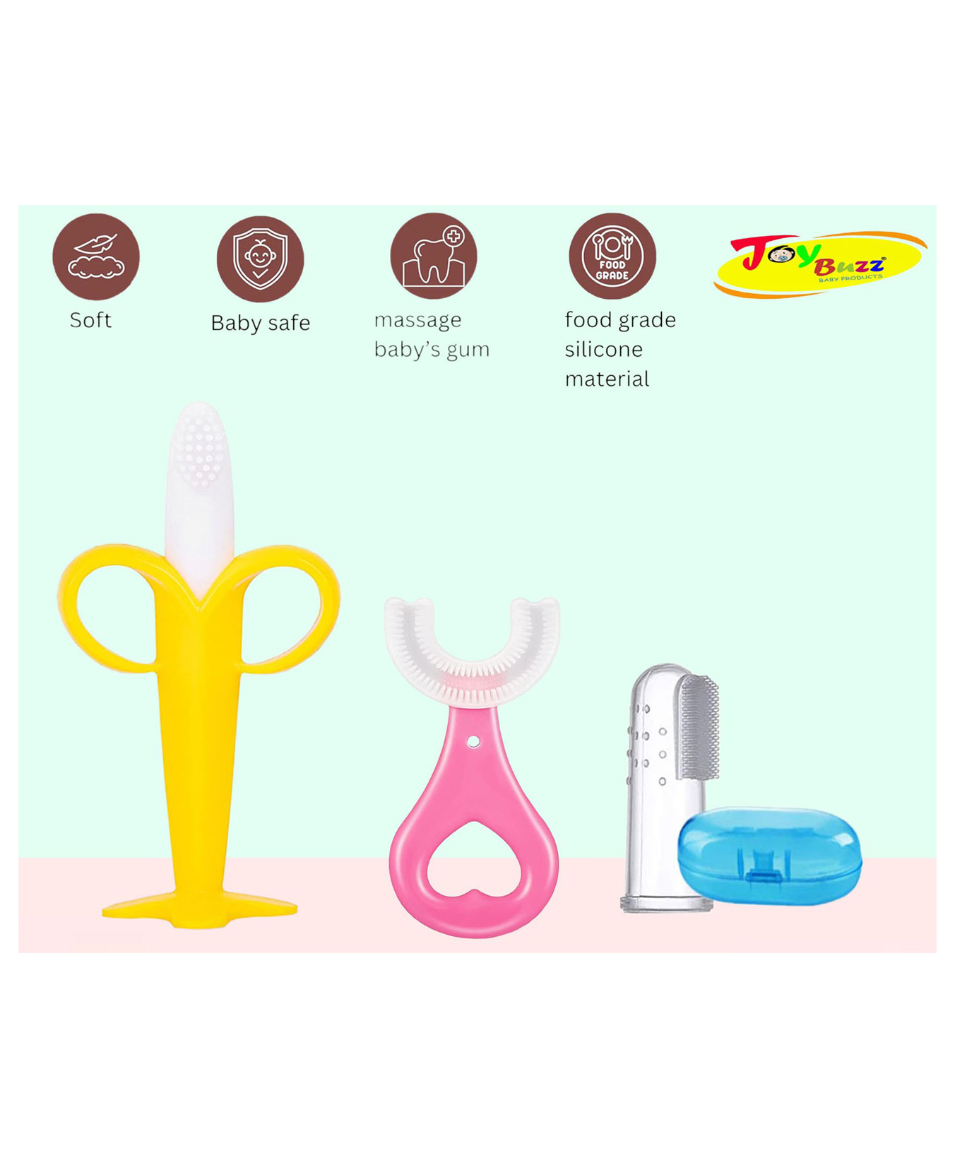 Joy Buzz Silicone Toothbrushes Pack Of 3 - Dark Pink & Yellow-picture-35