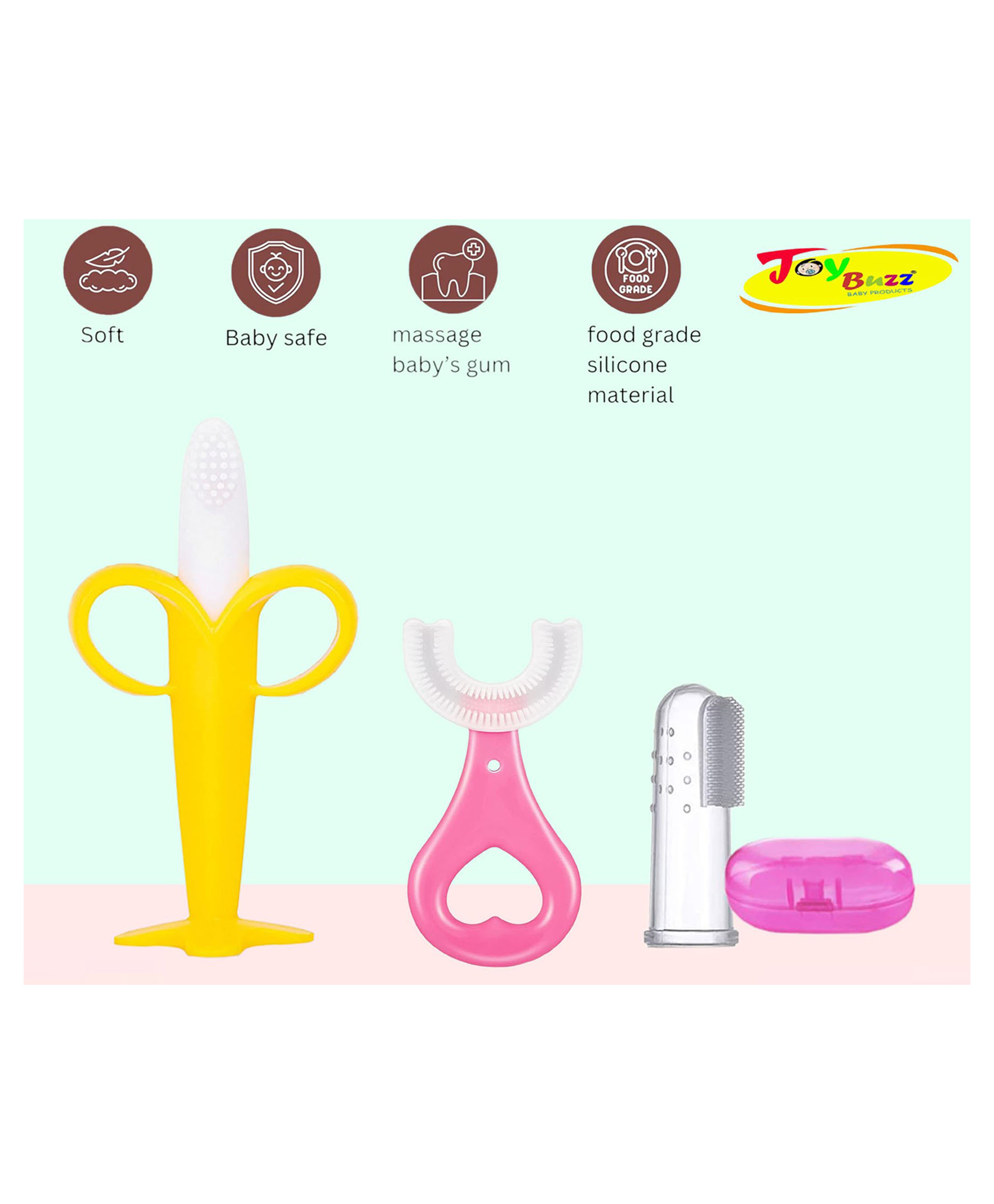 Joy Buzz Silicone Toothbrushes Pack Of 3 - Pink & Yellow-picture-33
