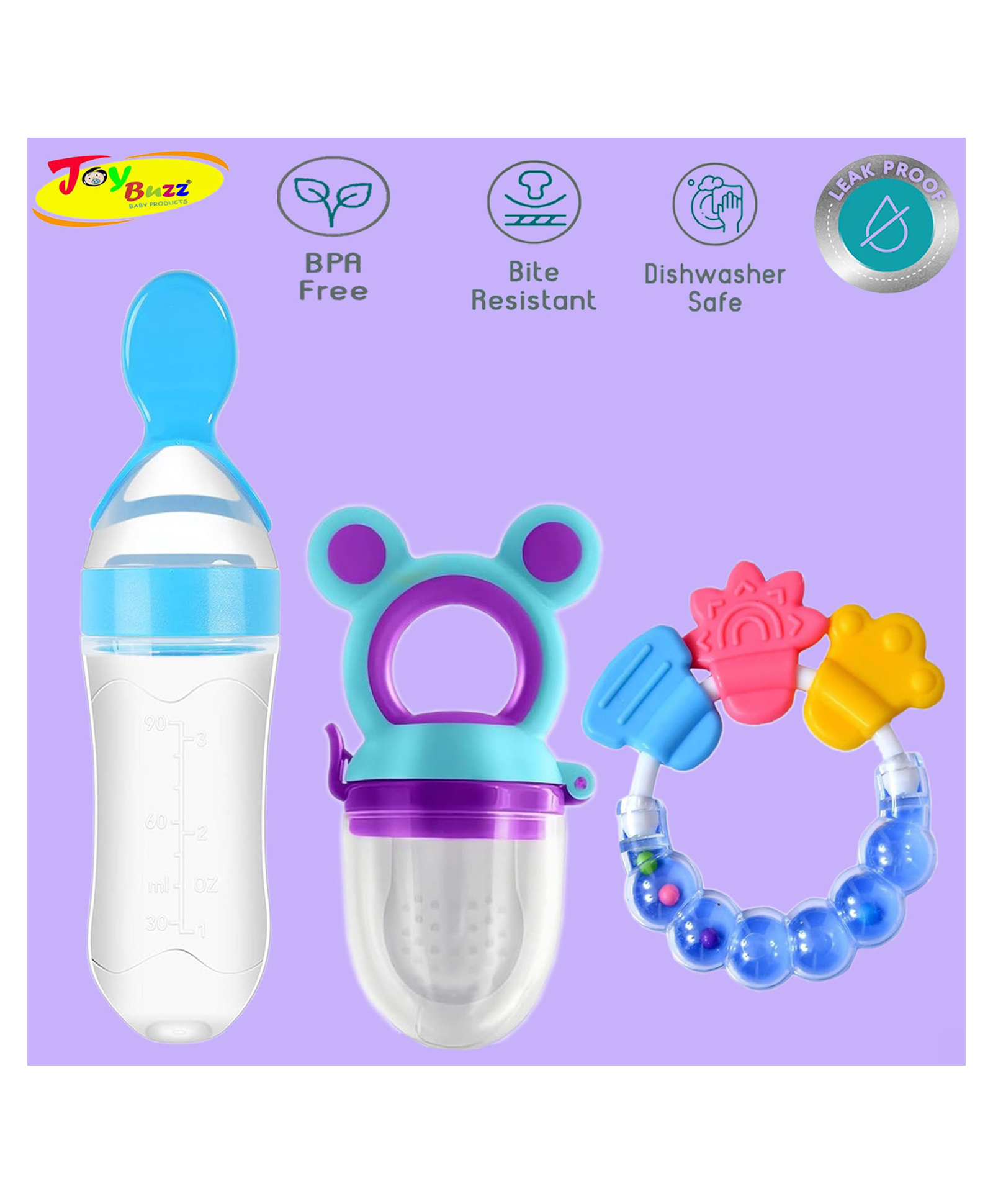 Joy Buzz Silicone Food Feeder Nibbler & Rattle Teether Combo - Multicolor-picture-41