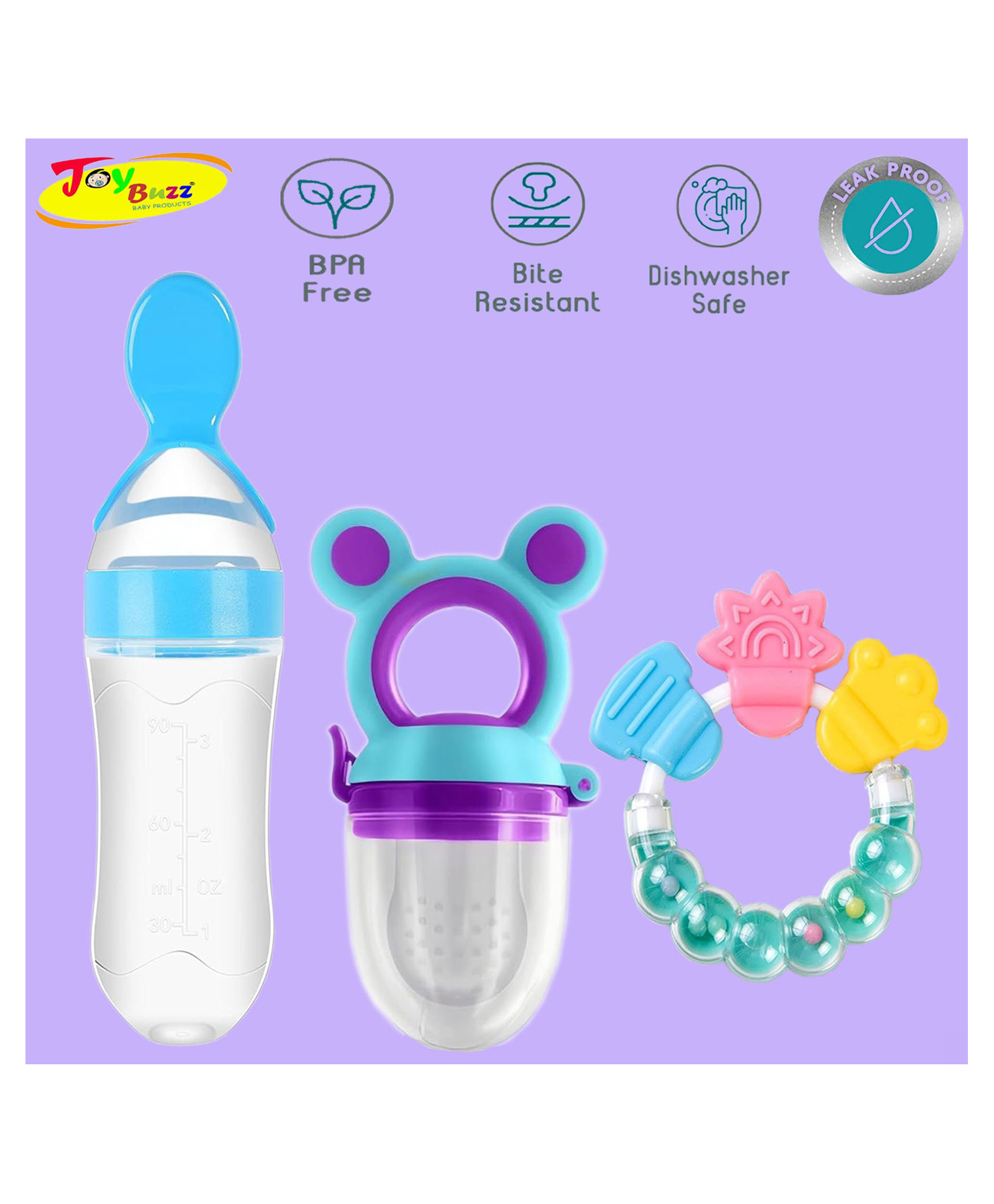 Joy Buzz Silicone Food Feeder Nibbler & Rattle Teether Combo - Multicolor-picture-36