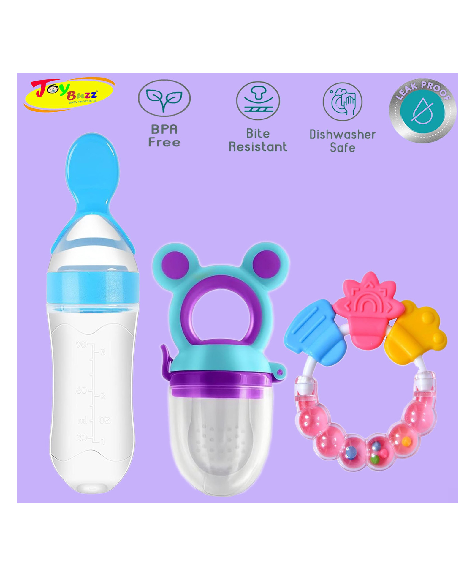 Joy Buzz Silicone Food Feeder Nibbler & Rattle Teether Combo - Multicolor-picture-40