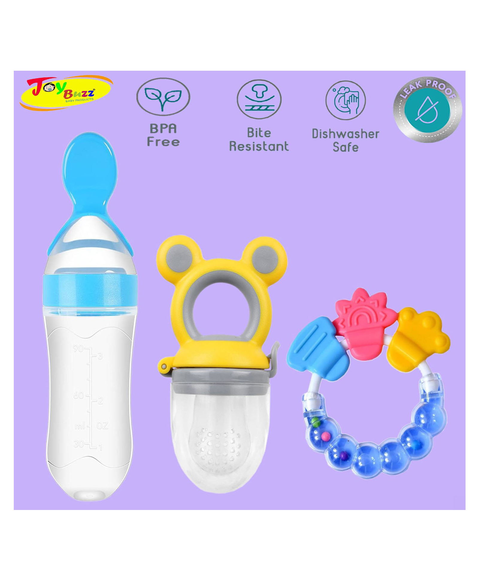 Joy Buzz Silicone Food Feeder Nibbler & Rattle Teether Combo - Multicolor-picture-35