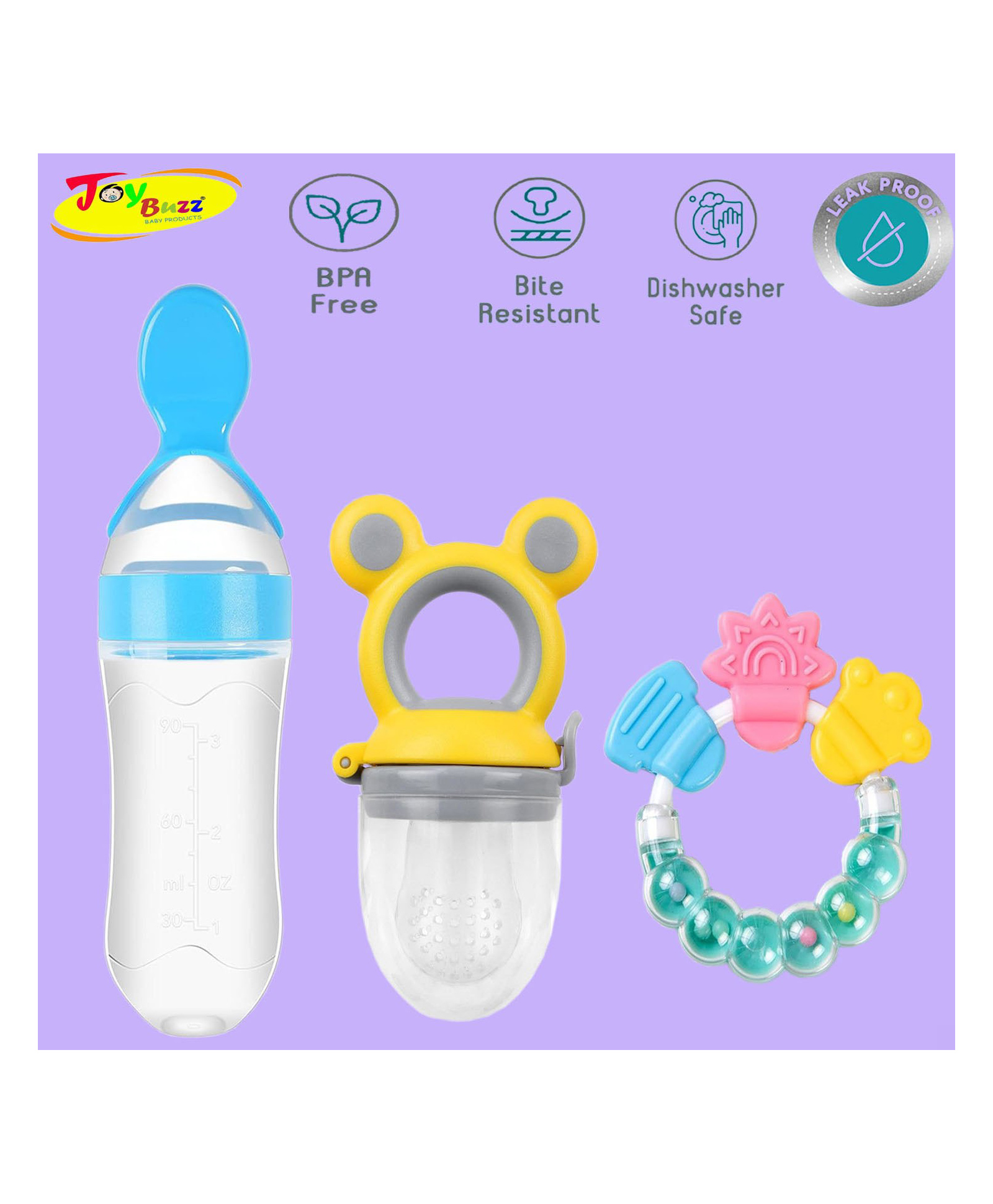 Joy Buzz Silicone Food Feeder Nibbler & Rattle Teether Combo - Multicolor-picture-41